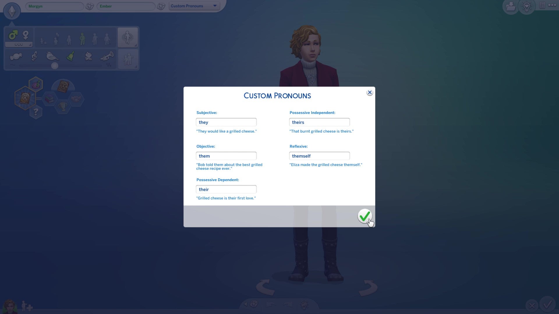 The Sims 4's Create-A-Sim, opened to the cutomisable pronoun free entry text boxes pop-up. Here you can add neopronouns or anything else not included on the default list, with examples to help you conjugate your choices.