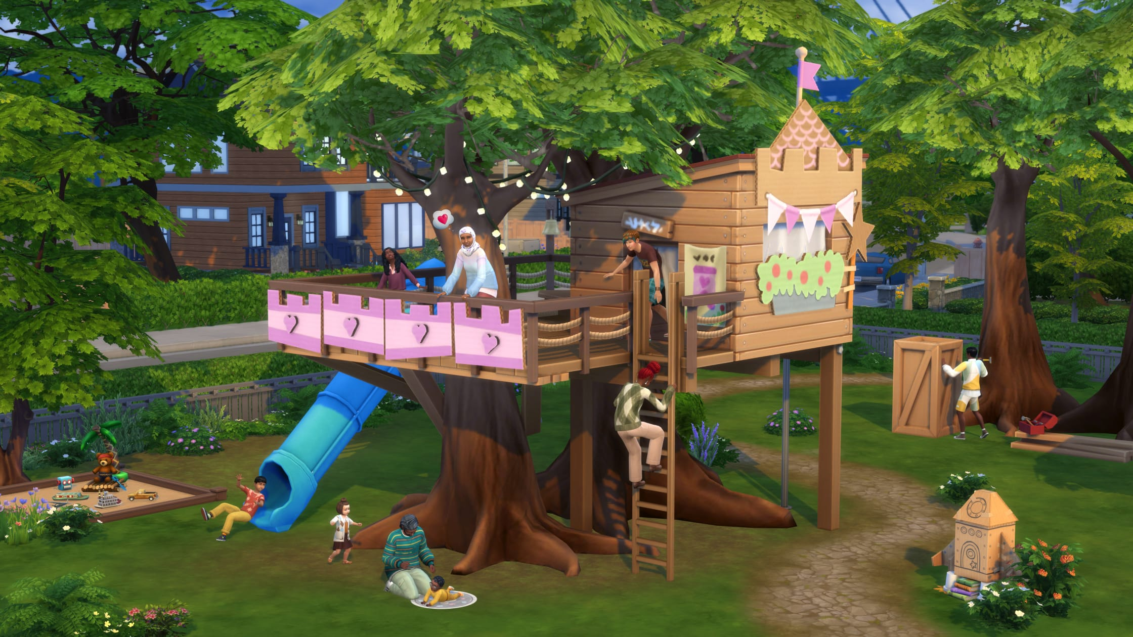 A suburban back garden in The Sims 4, with the central focus of the image on a large treehouse. Several Sims are on the deck of the treehouse or climbing the ladder up to its enclosed indoor space. Elsewhere in the garden, young Sims play on slides, in sandboxes, and on playmats, while others build wooden projects.