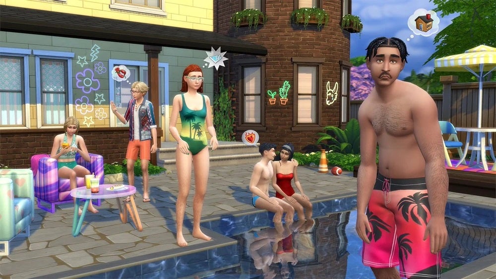 In a flashback to their high school years, some iconic Sims demonstrate the new wants and fears system in The Sims 4. At a pool party, Eliza is afraid of getting in the water, while Bob just wishes he could go home. Bella and Mortimer have messing around on the brain, while Geoffrey dreams of romance (but can't get Nancy to look up from her phone).