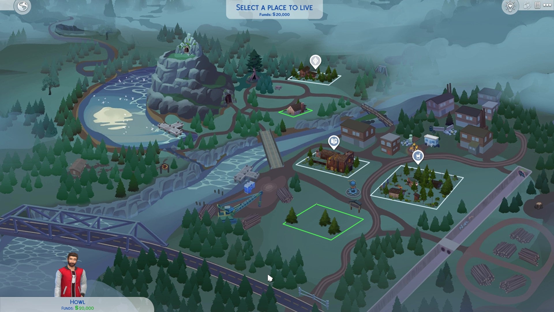 The world map view of Moonwood Mill from The Sims 4: Werewolves.