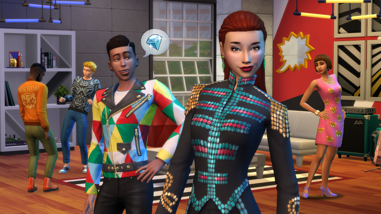 Группа симов, одетых в одежду бренда Moschino и обсуждающих свое богатство в The Sims 4.