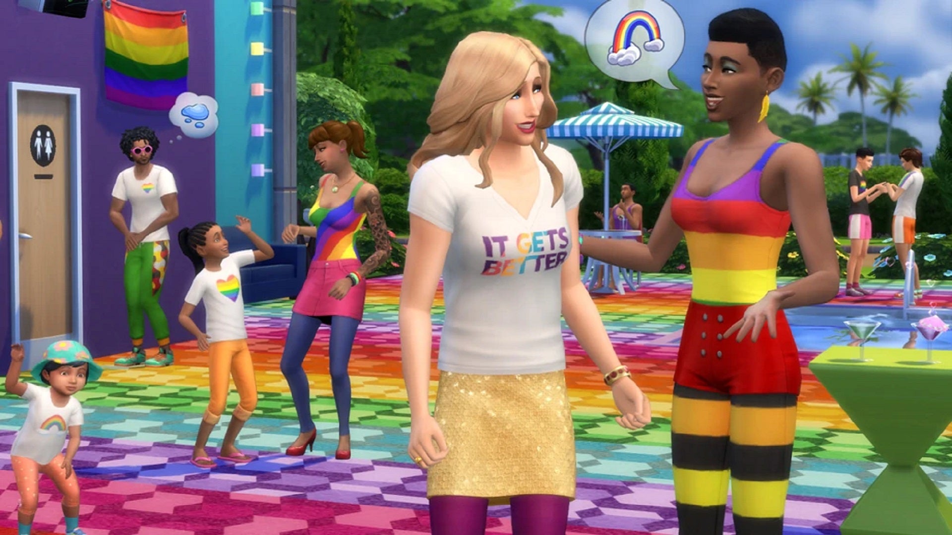 Pre-made Sims Dana Adler and Leanna Epps show off their customised gender-non conforming outfits and It Gets Better charity t-shirts, in a Pride Month screenshot from The Sims 4.