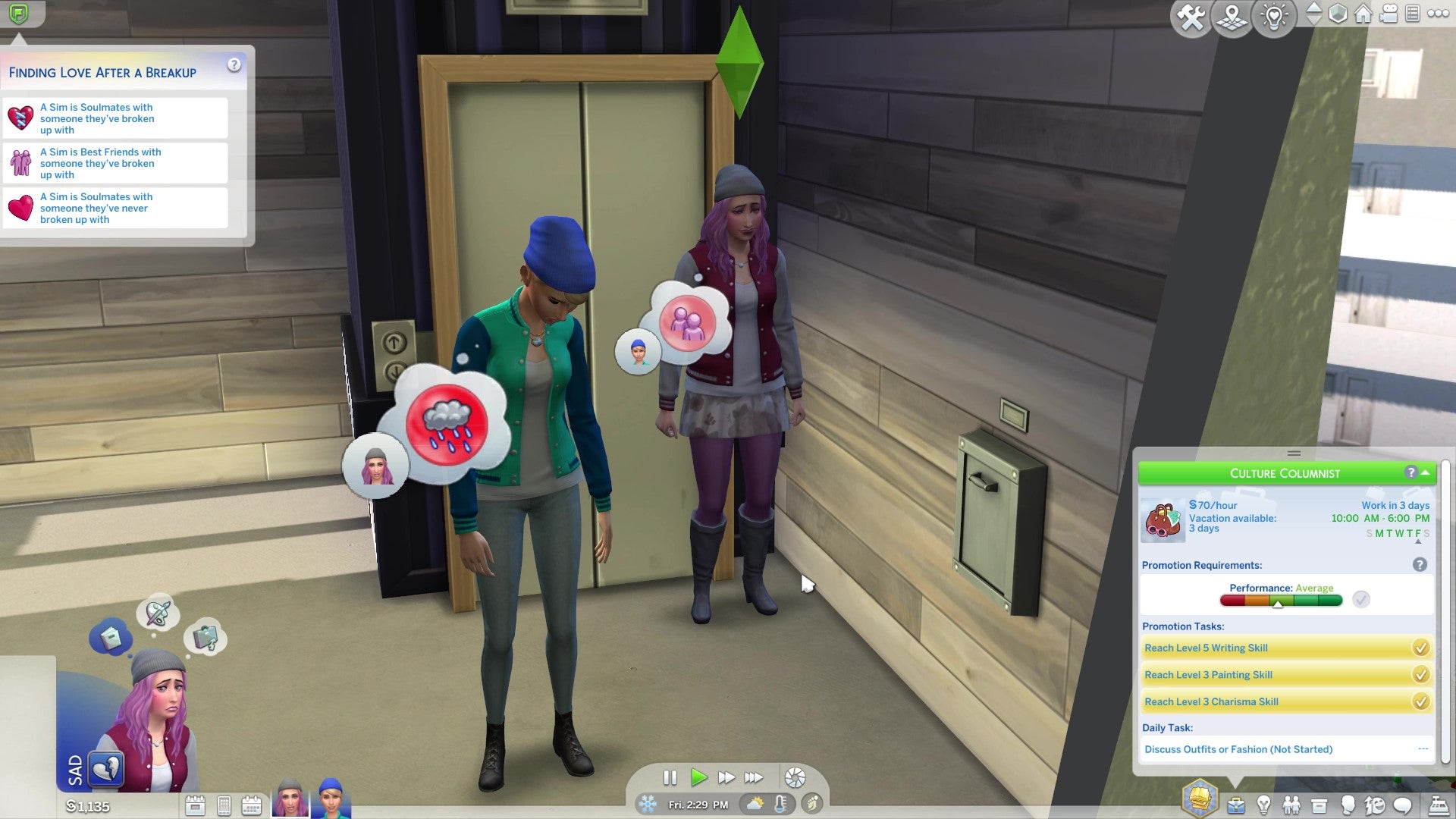 An in-game screenshot of a Sims 4 Scenario, showing the Scenario icon and victory conditions list.
