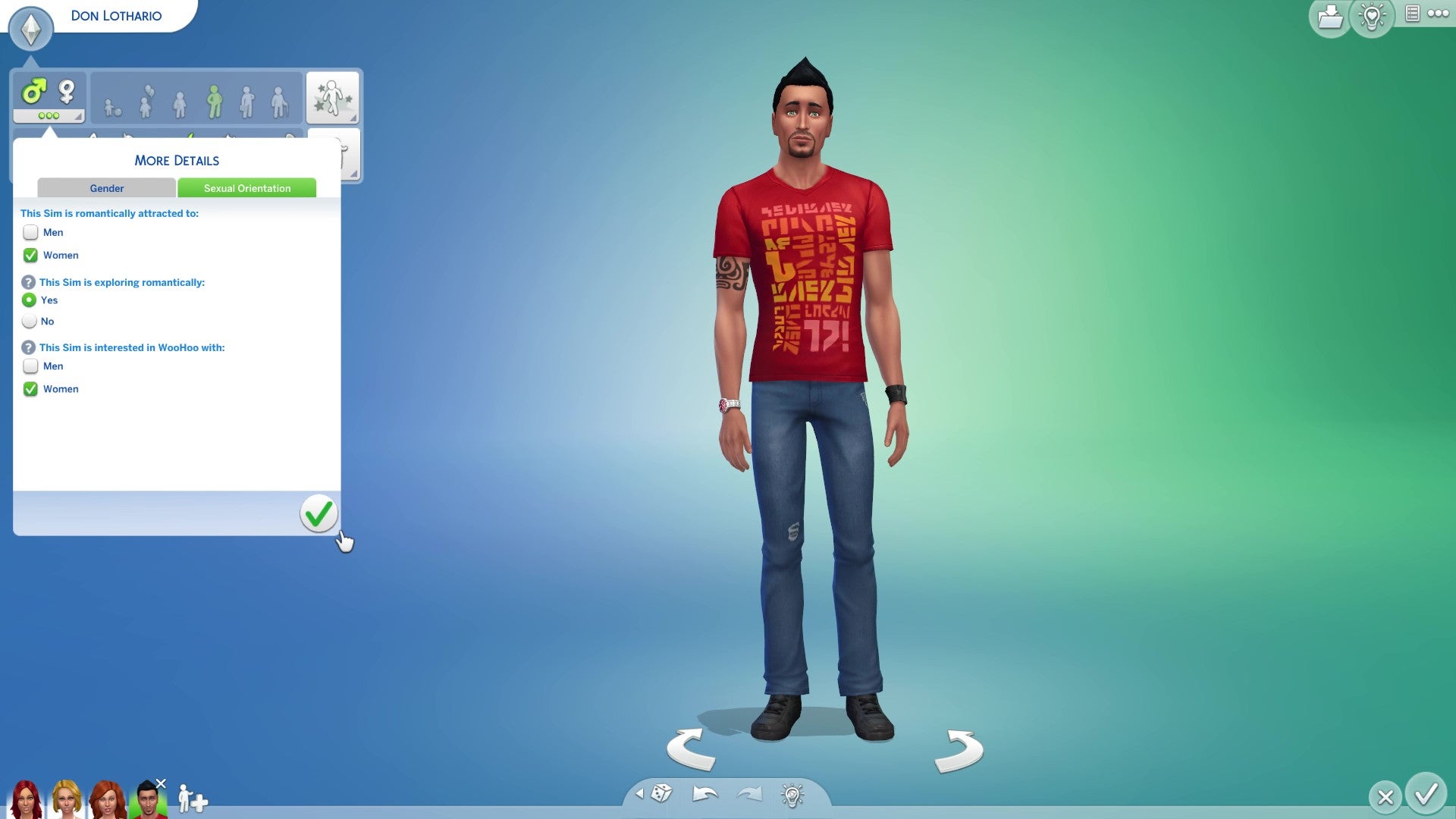 The Sims 4 Create-A-Sim, displaying the sexual orientation customisation tab. From here you can define your Sim's romantic and sexual attractions, as well as their willingness to experiment.