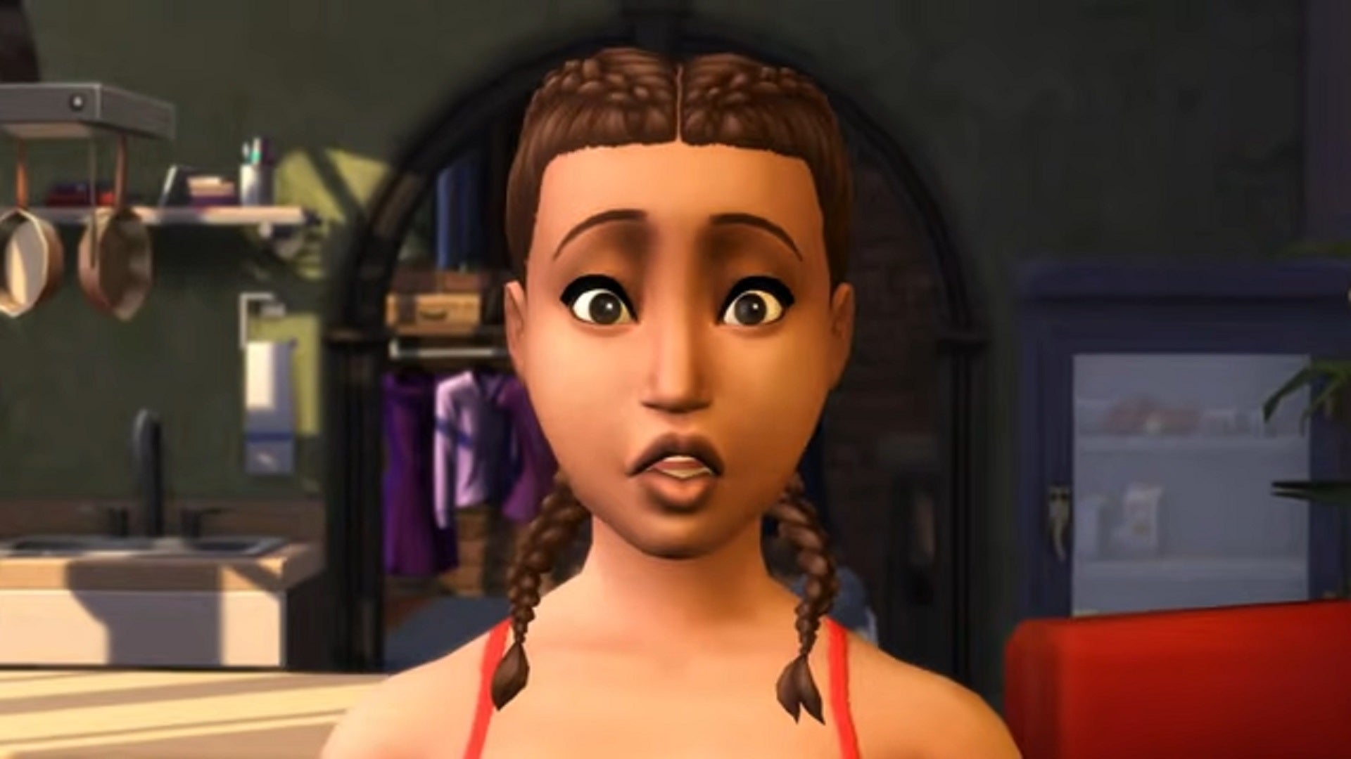 In a trailer still for The Sims 4 StrangerVille, a Sim reacts with shock to something she has witnessed off-screen.
