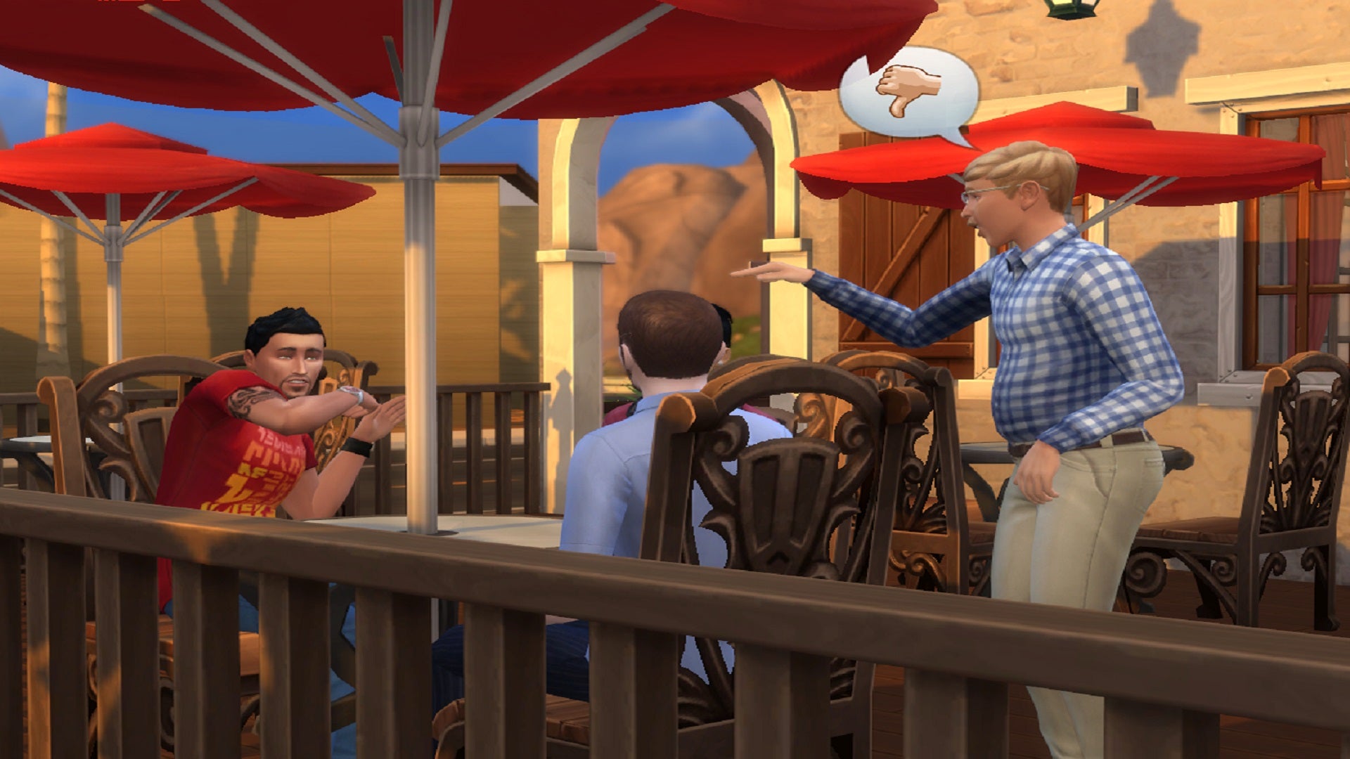 Three Sims at an outdoor café trash talking one another, as represented by thumbs-down icons.