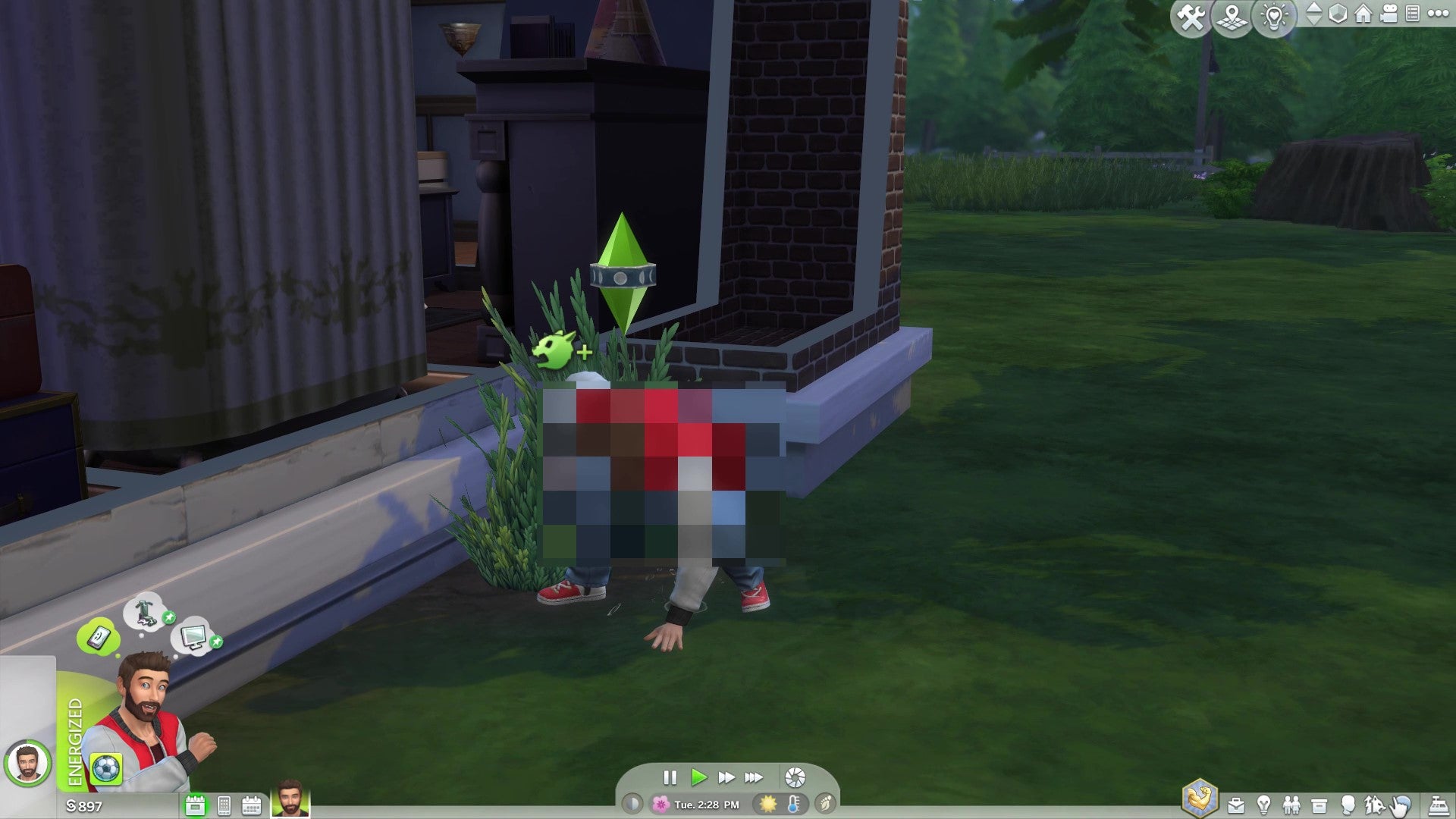 A werewolf Sim "marking his territory" by urinating on his lawn in The Sims 4: Werewolves.