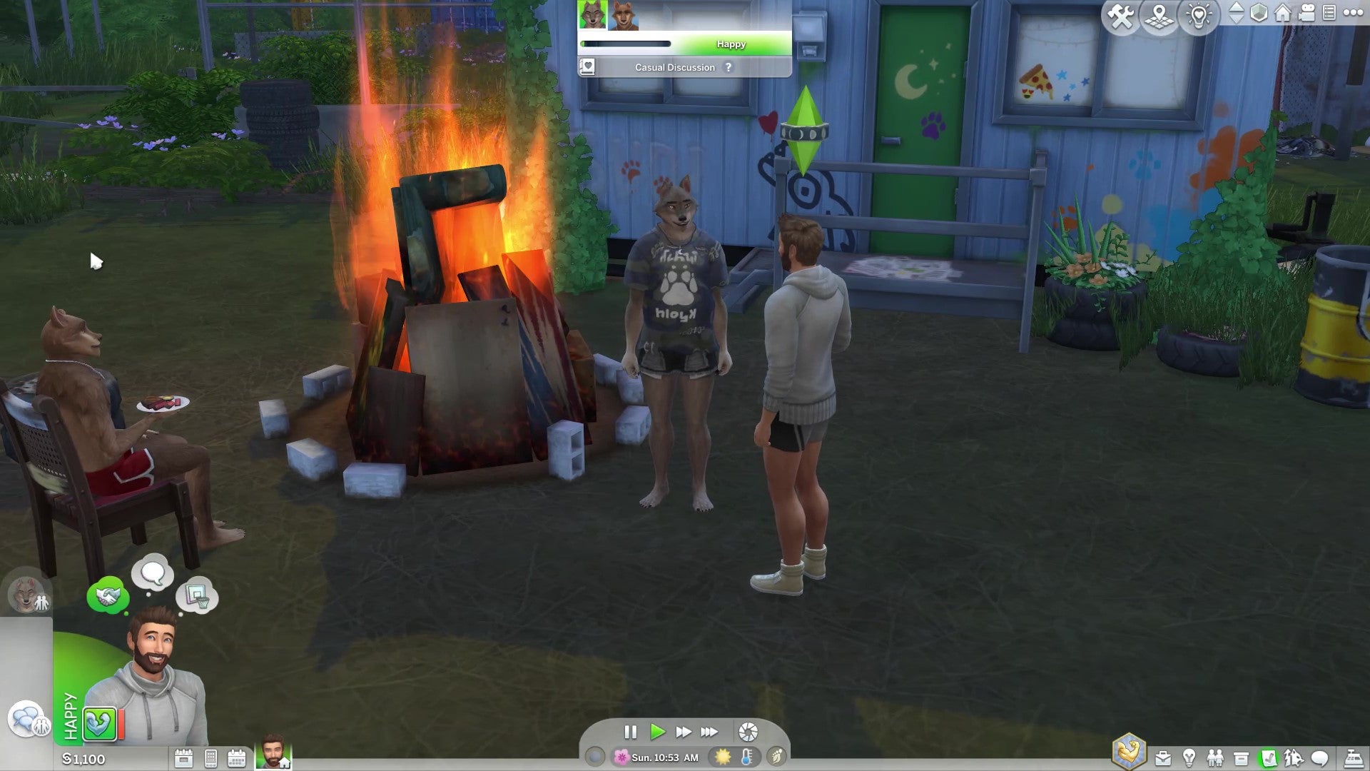 Three werewolf Sims, two of them in Beast Form, chat outside the Wildfangs' clubhouse in The Sims 4.