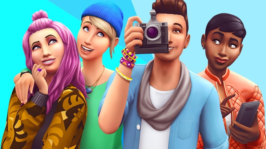 Some happy Sims from the The Sims 4, one of them has a camera and looks like he's taking a photo.