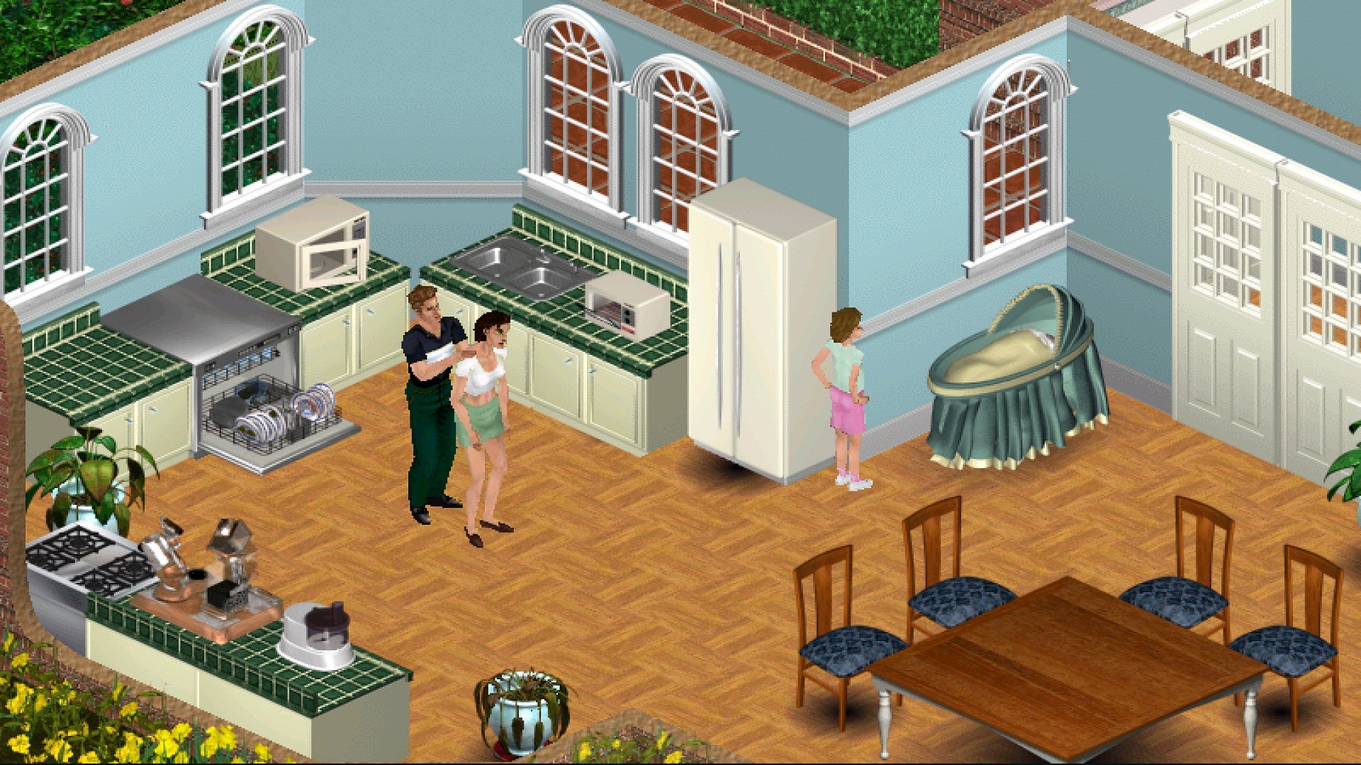 A presskit image from 2000's original The Sims. It shows the kitchen/dining room of a suburban middle-class family of the era: a husband gives his wife a massage in the kitchen, while their young daughter looks at a baby in a crib in the corner.