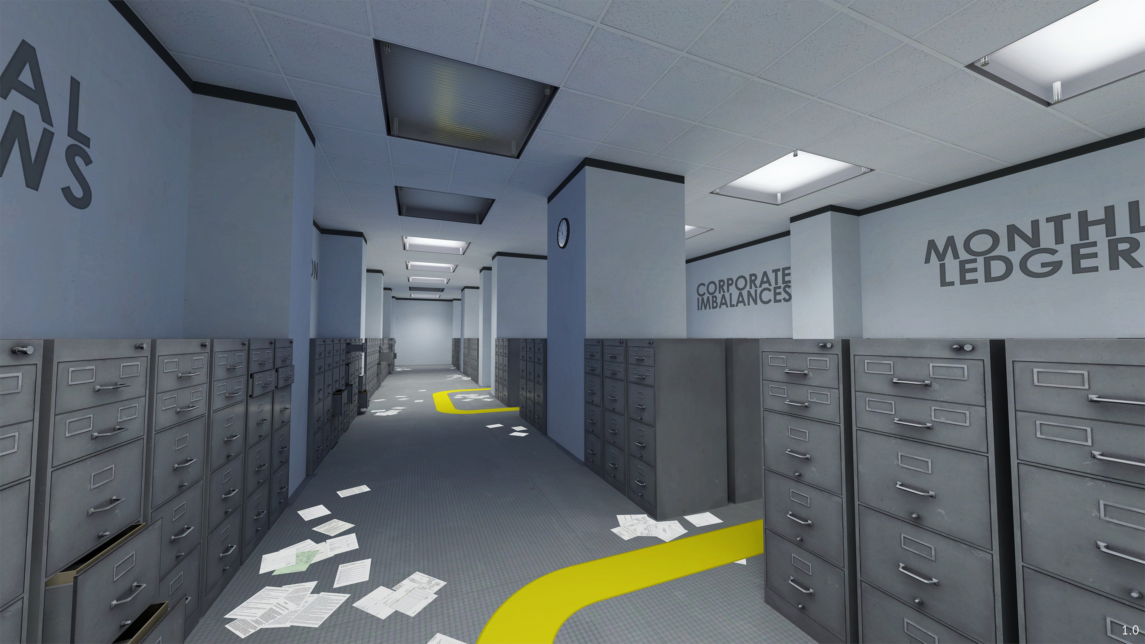 A yellow line meanders through disorderly office in a The Stanley Parable: Ultra Deluxe screenshot.