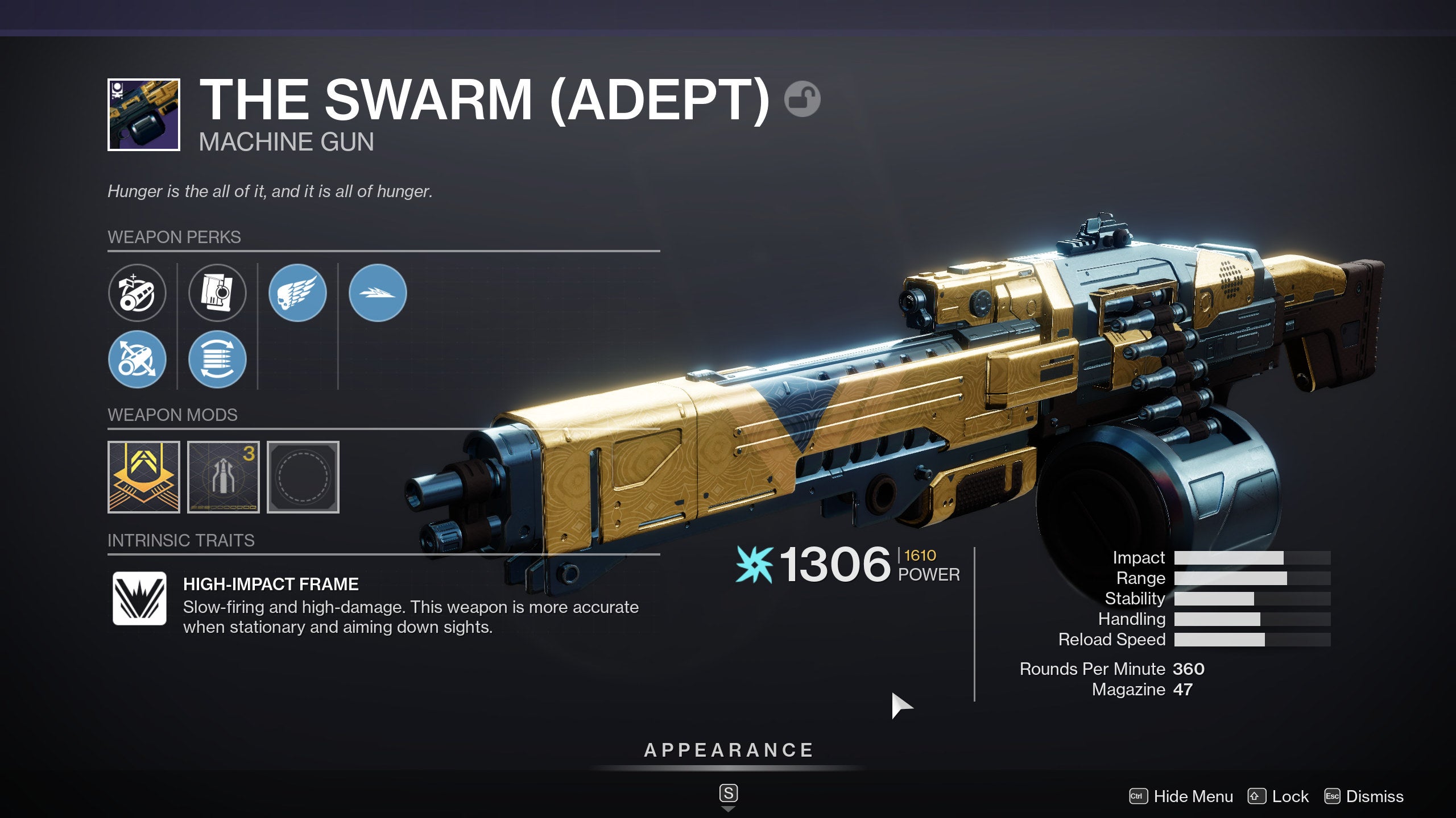 A bad Adept roll of Destiny 2 machinegun The Swarm.