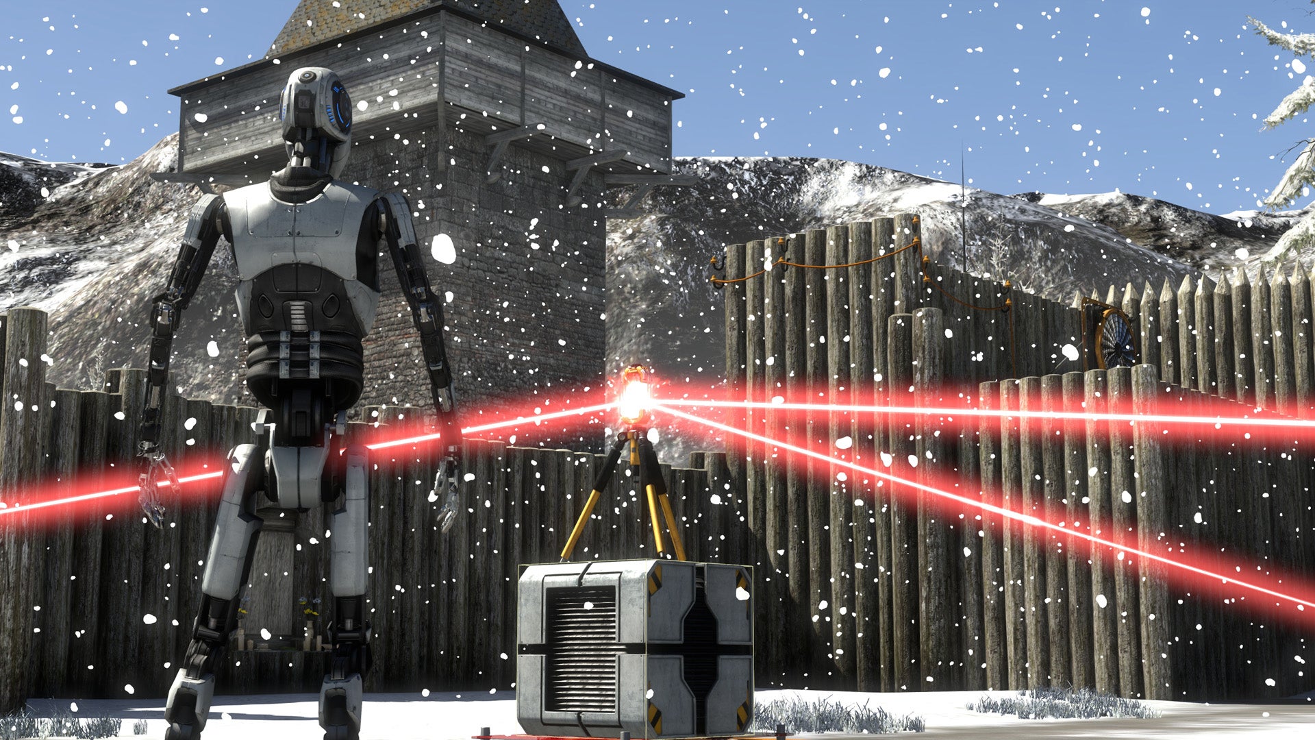 The robot in The Talos Principle looking at a puzzle, a laser splitter on a tripod