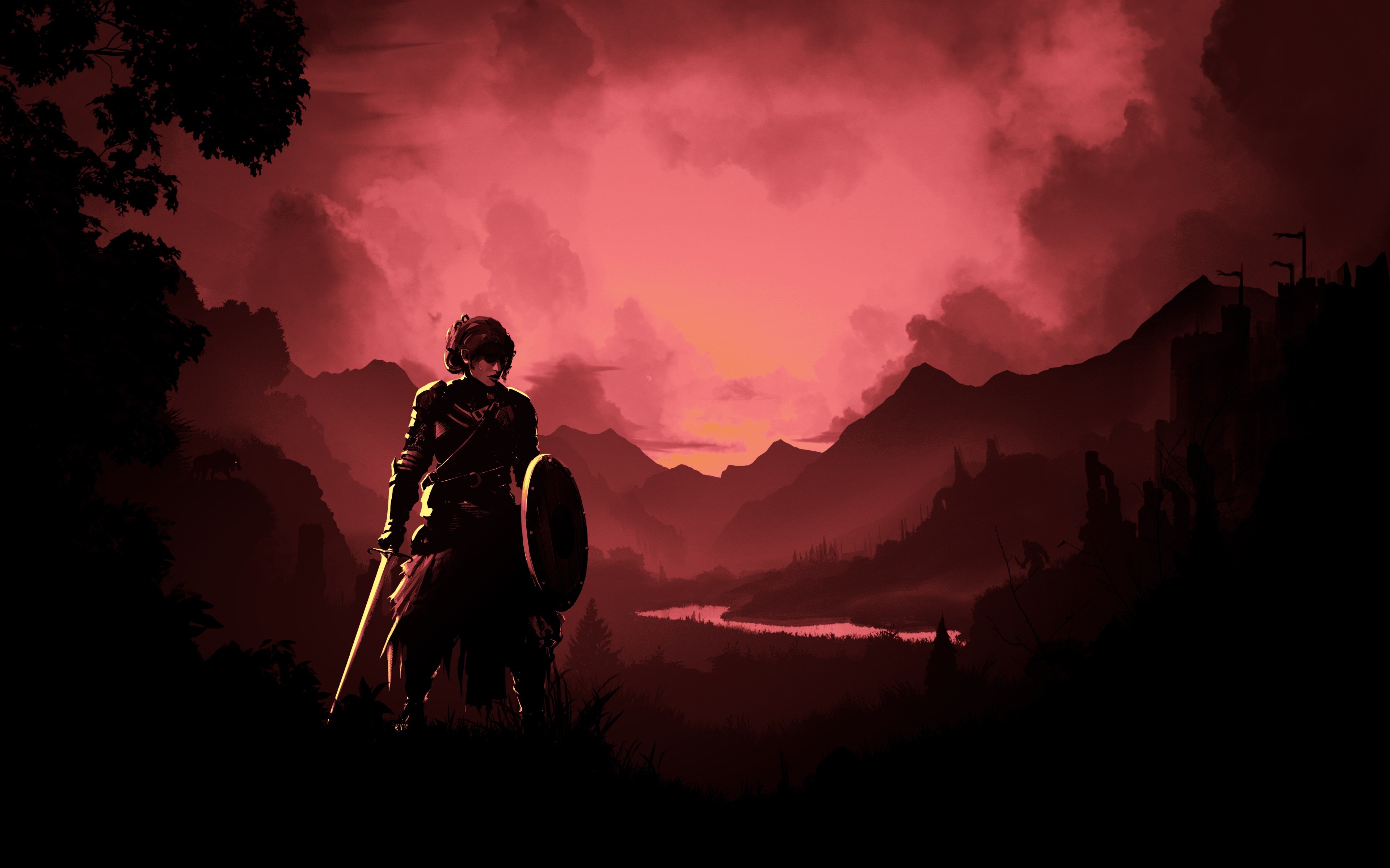 The Vale - A woman wearing armor and holding a sword and shield stands in the foreground of a valley that's colored red in sunset.