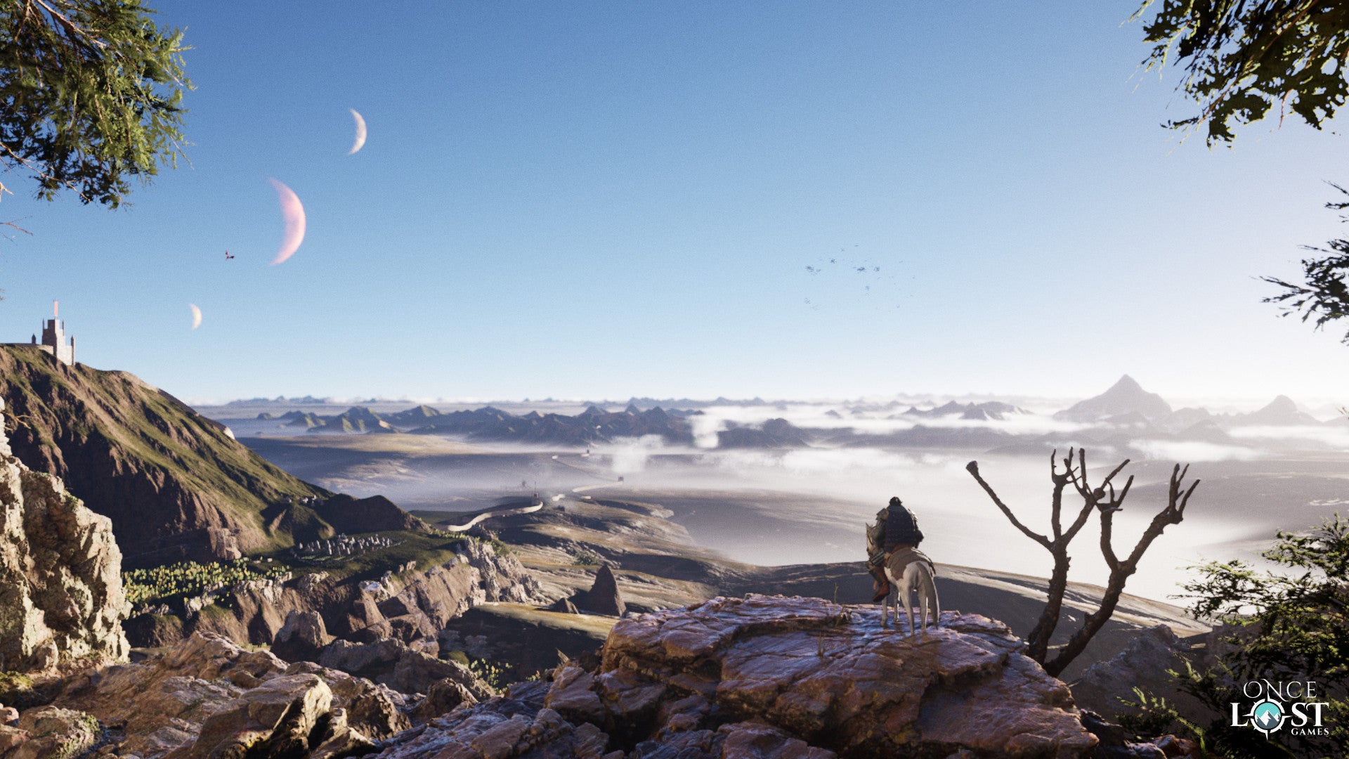 The Wayward Realms teaser image - A knight on a horse stands at the edge of a cliff looking over a vista of archipelagos with three moons in the sky