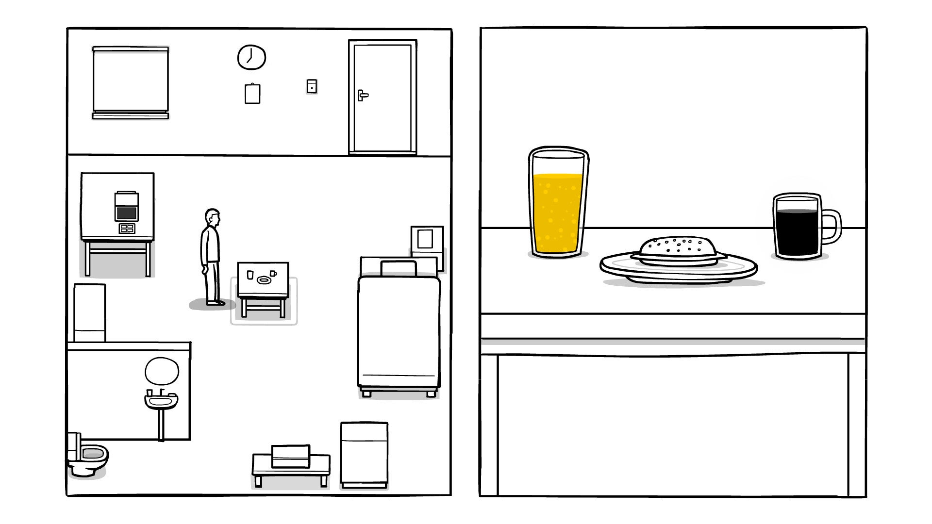 The protagonist of 2D puzzle game The White Door walks around his room on the left side of the screen, and looks at his breakfast - shown on a table on the right side of the screen