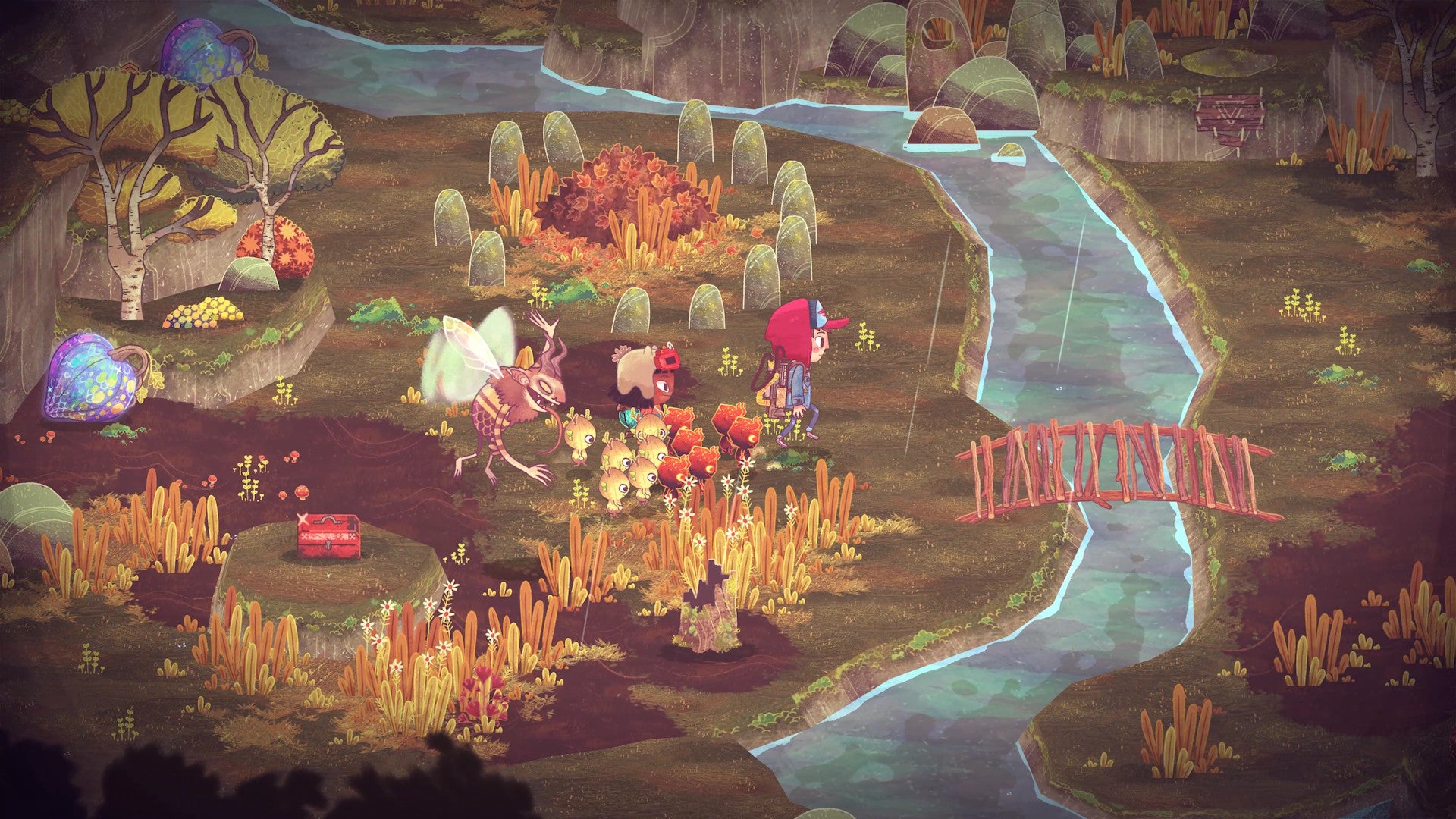 Two kids and a horde of small imp-things running around a pretty forest in The Wild At Heart.
