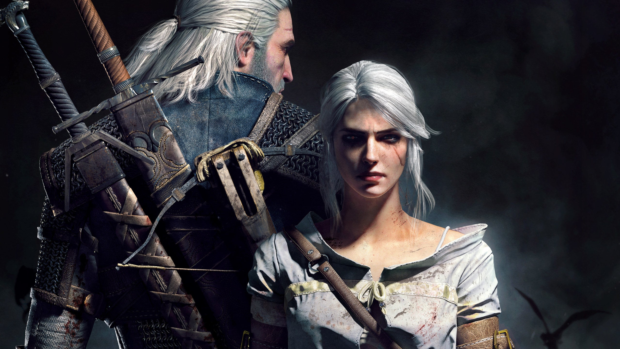 Geralt and Ciri pose back-to-back in The Witcher 3 artwork.