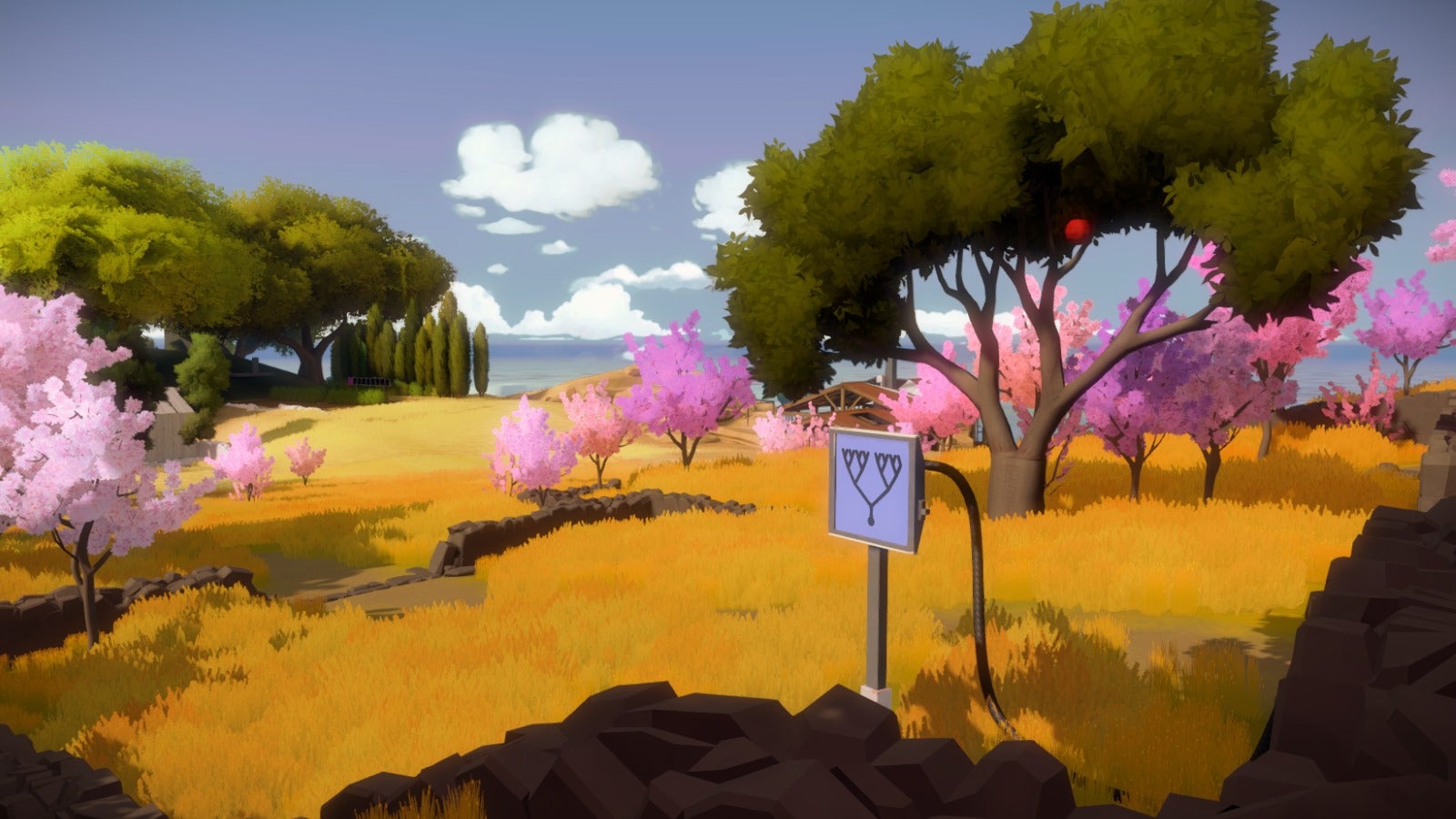 One of the puzzle sections on the island of The Witness, an orchard with puzzle pads representing the trees