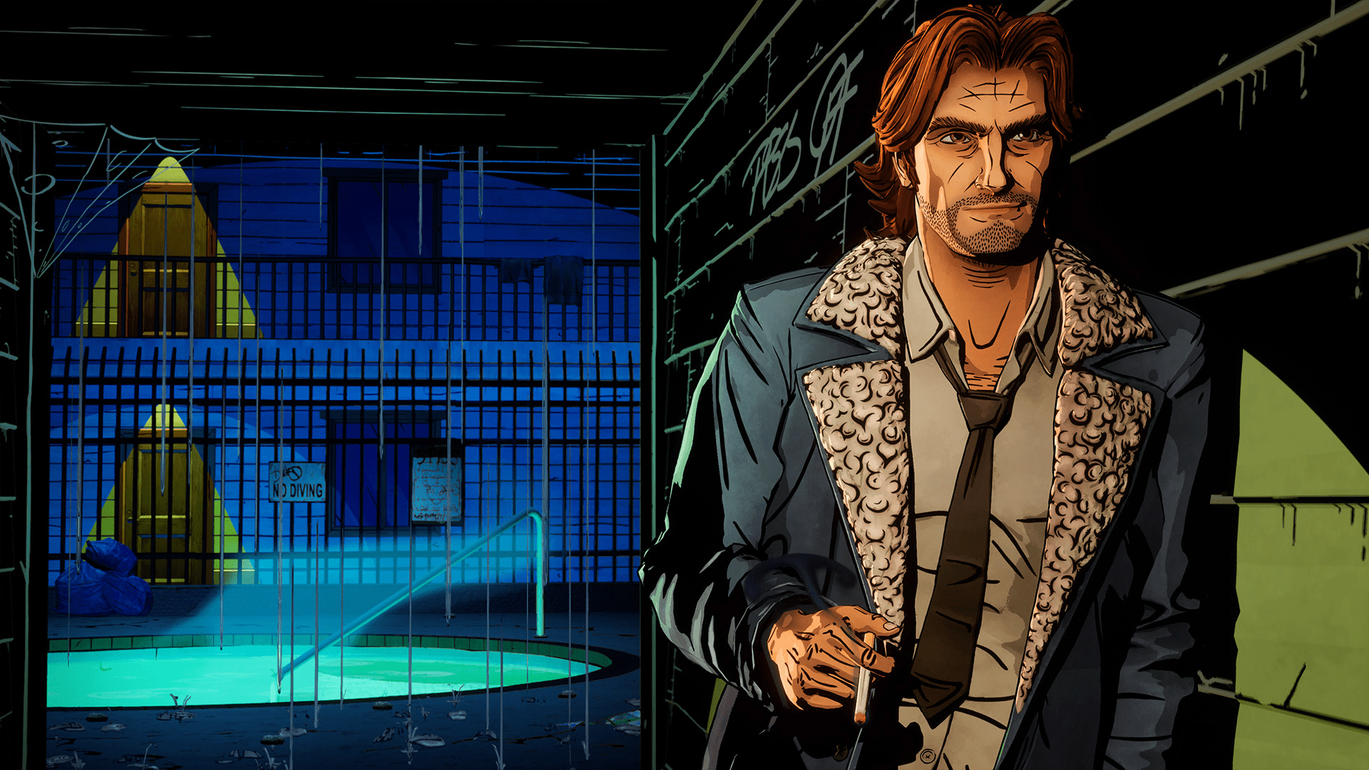 Bigby stands smoking a cigarette in an apartment complex courtyard in a The Wolf Among Us 2 screenshot.