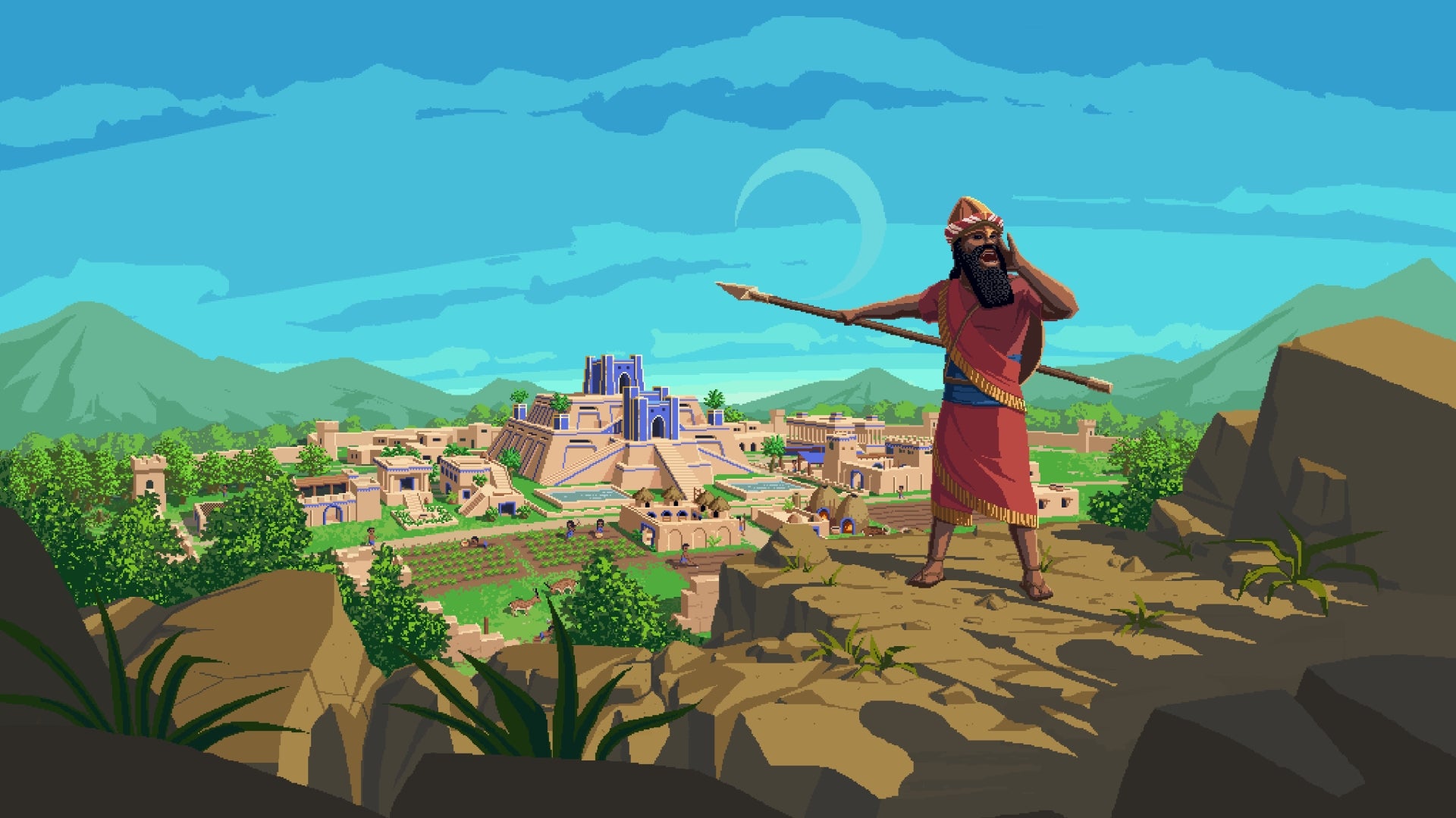 A man yells while holding a spear toward an advanced walled settlement in The Fertile Crescent