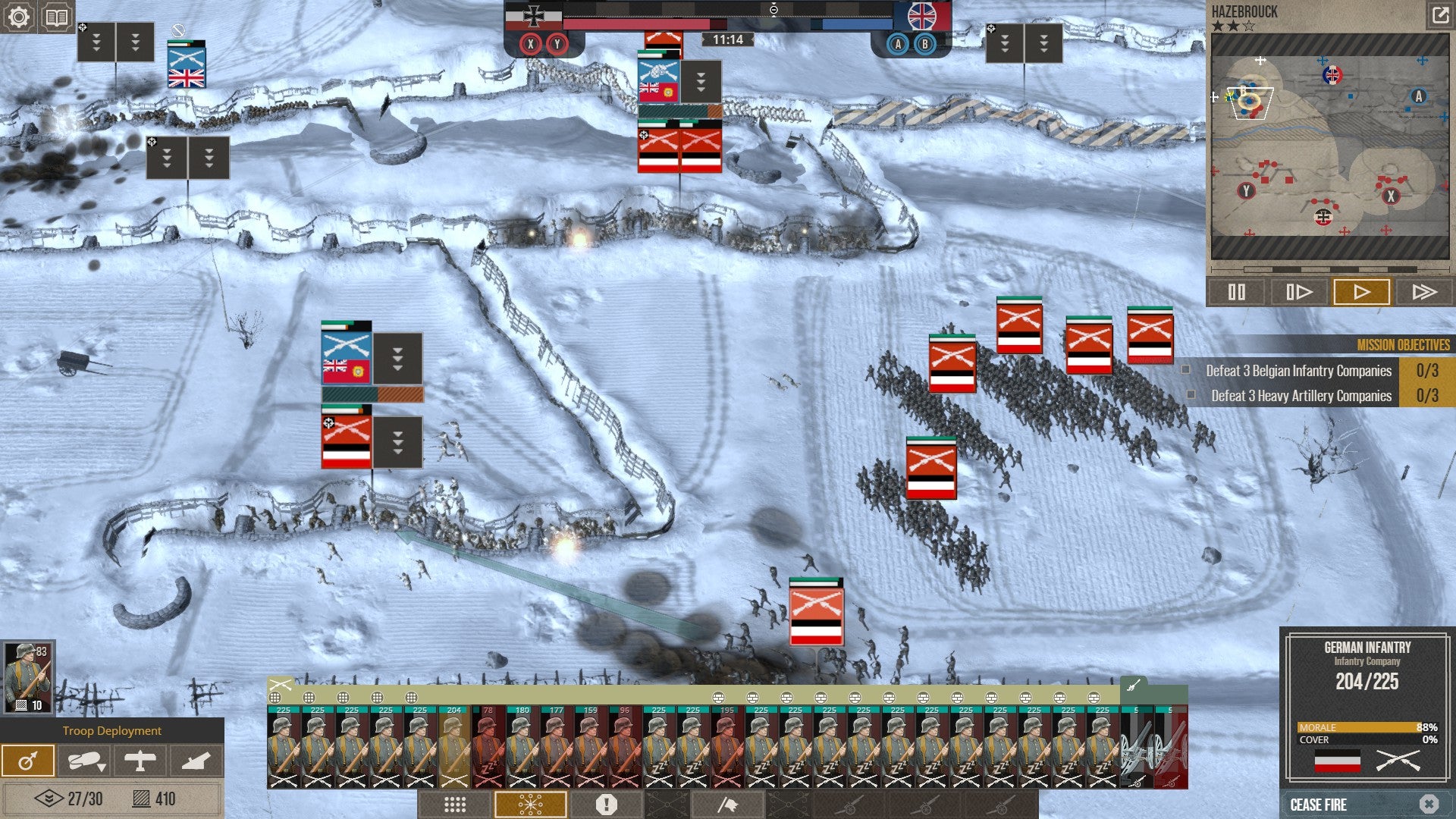 six units march through the snowy, uninhabited land in The Great War: The Western Front