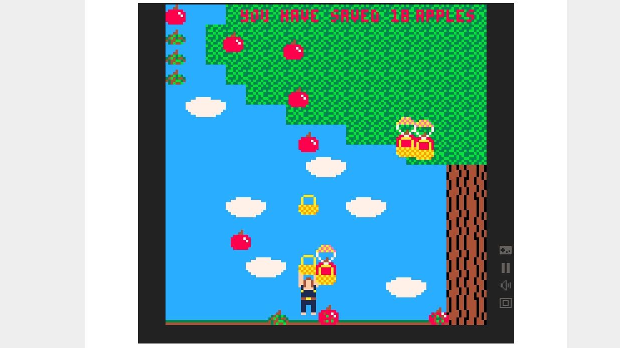 Them Apples, a free pico-8 game where the player must hurl baskets at apples falling from a tree to save them from rotting on the ground.