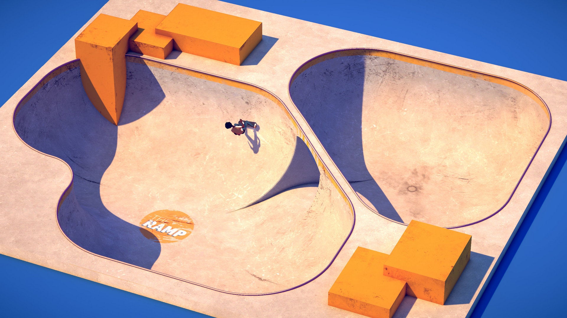 A top-down, isometric view of a skateboard park in The Ramp