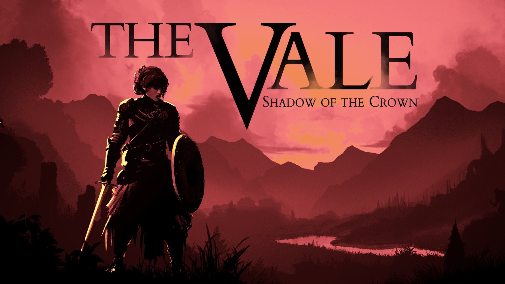 Artwork for The Vale: Shadow Of The Crown, showing a female warrior shrouded in darkness against a red, mountainous landscape