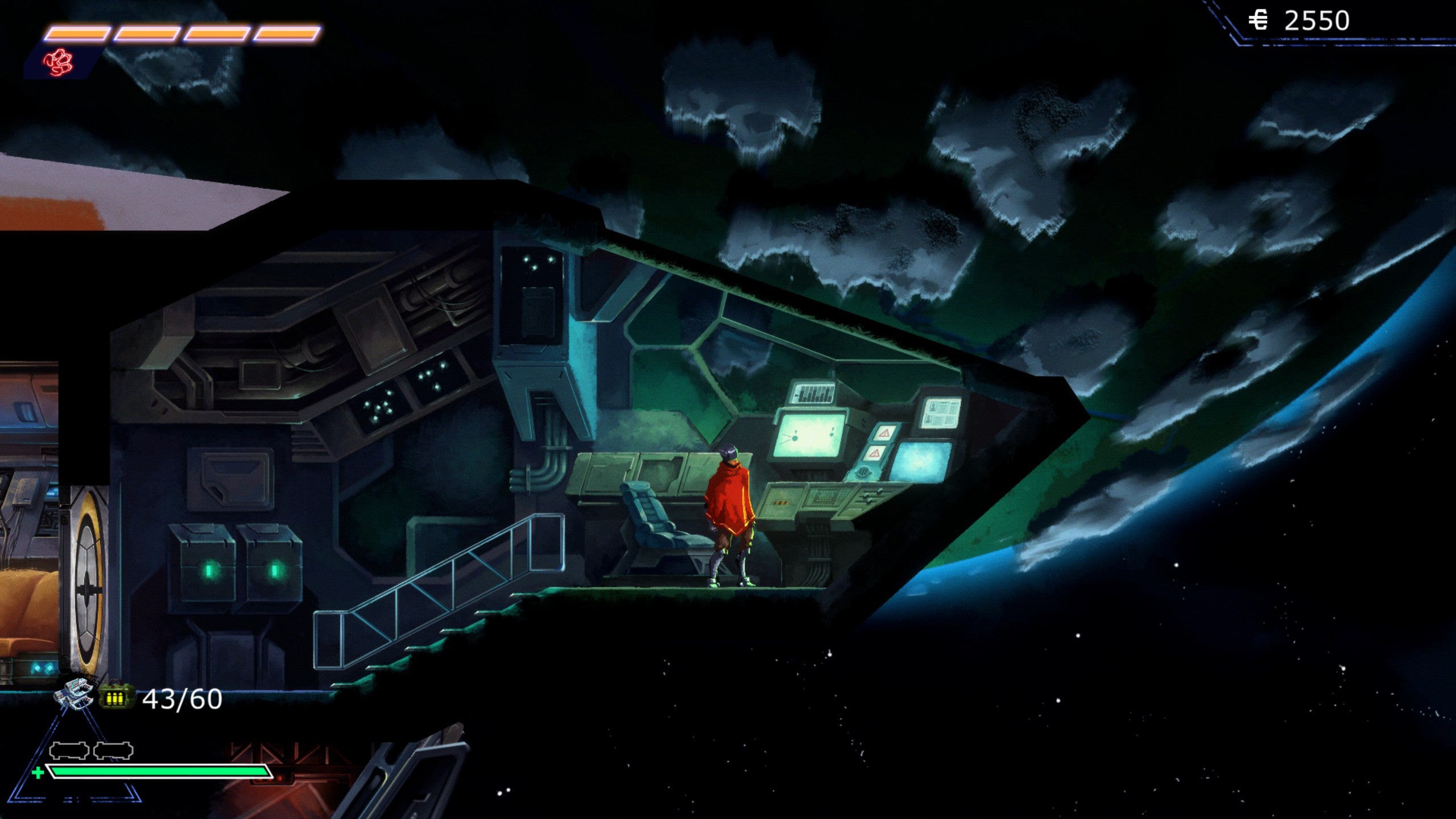 A screenshot from They Always Run. The player character is standing in a cockpit with a planet placed behind them.
