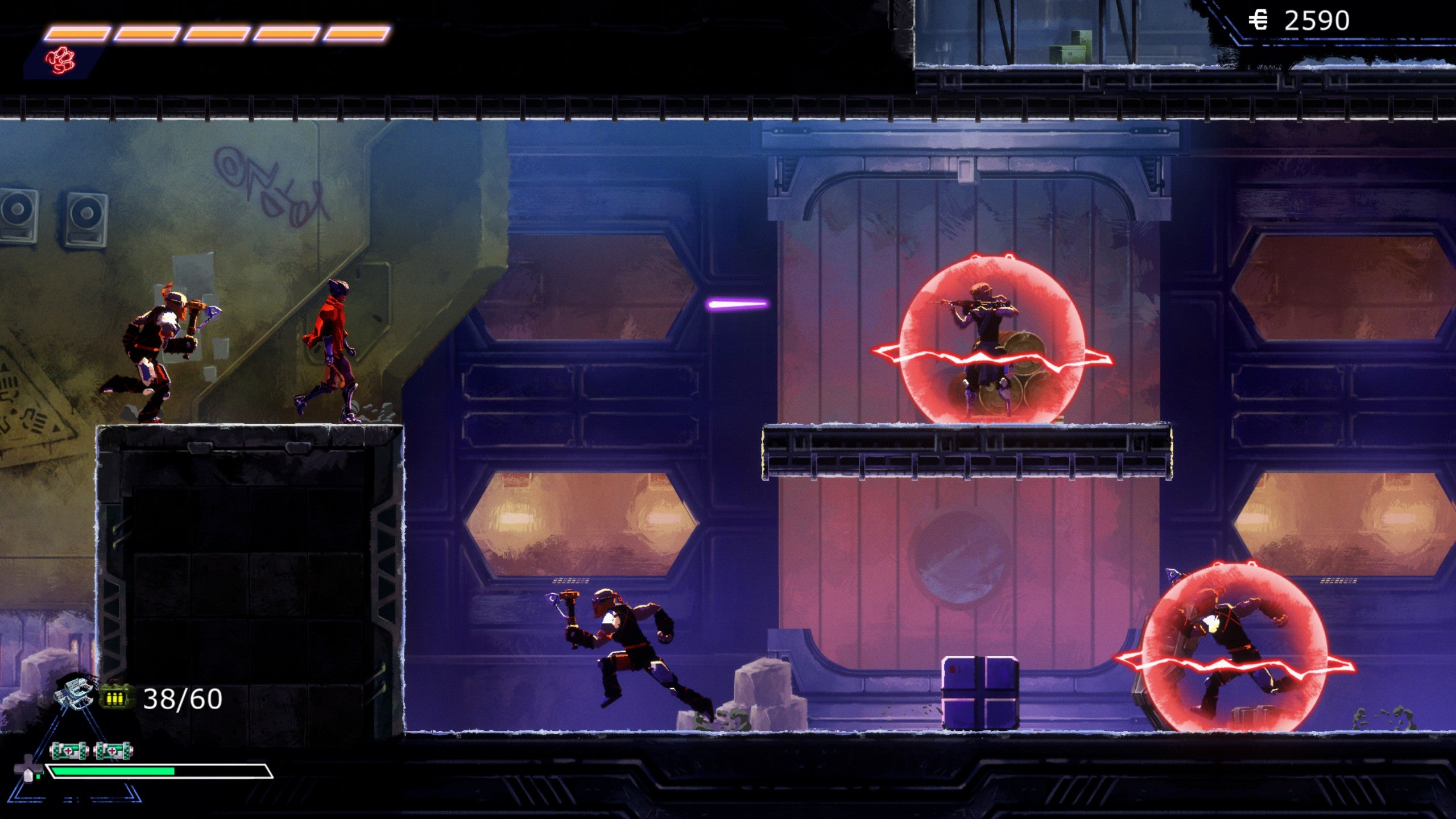 Uma captura de tela de They Always Run com o personagem do jogador cercado por inimigos.