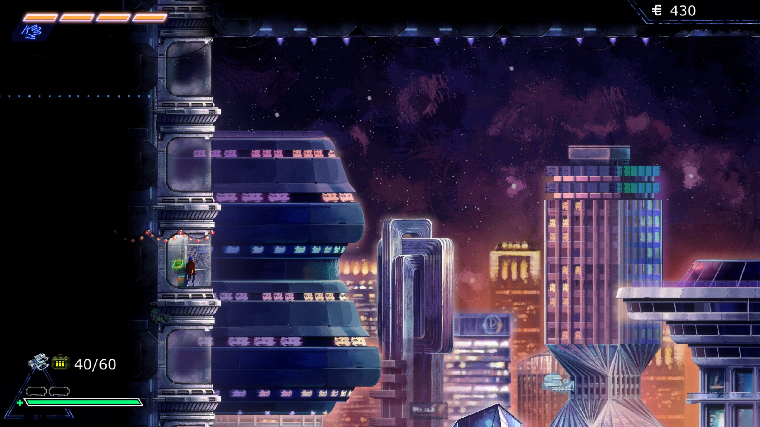 Uma captura de tela de They Always Run.  O personagem do jogador anda em um elevador com uma cidade gigante ao fundo.