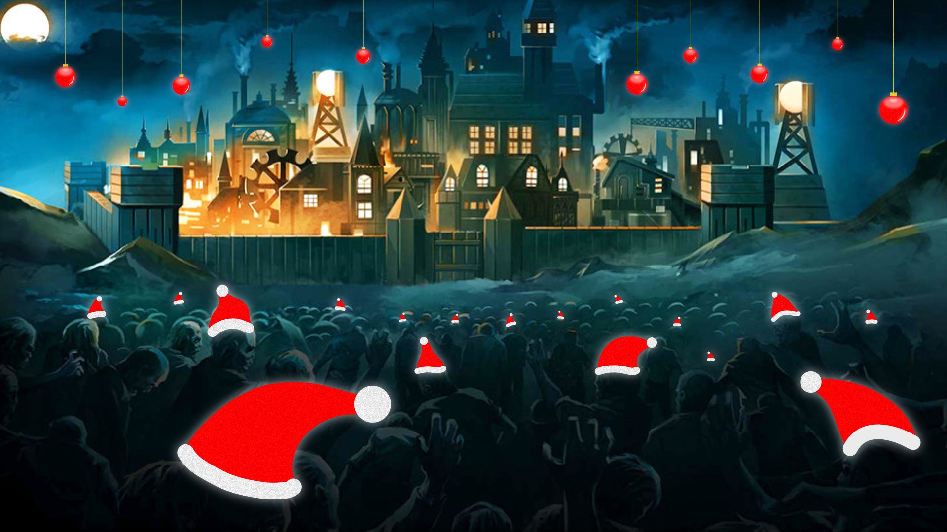 A horde of undead storms a town on the horizon in They Are Billions. Several zombies have been edited to be wearing Christmas hats, and Christmas baubles hang from the top of the image.