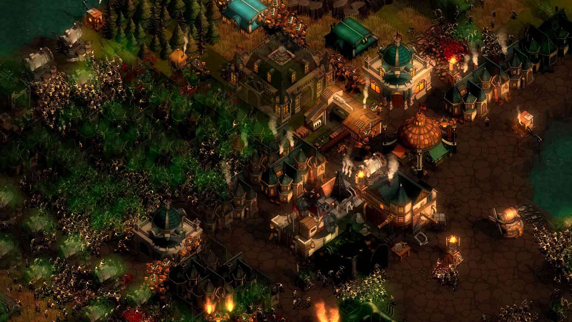 A town in They Are Billions is overrun by infected encroaching from the bottom-left.