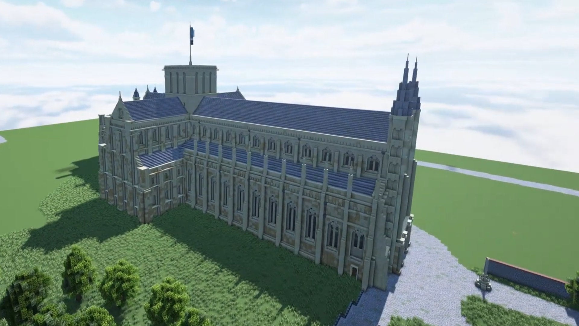 A screenshot of a Minecraft cathedral build.