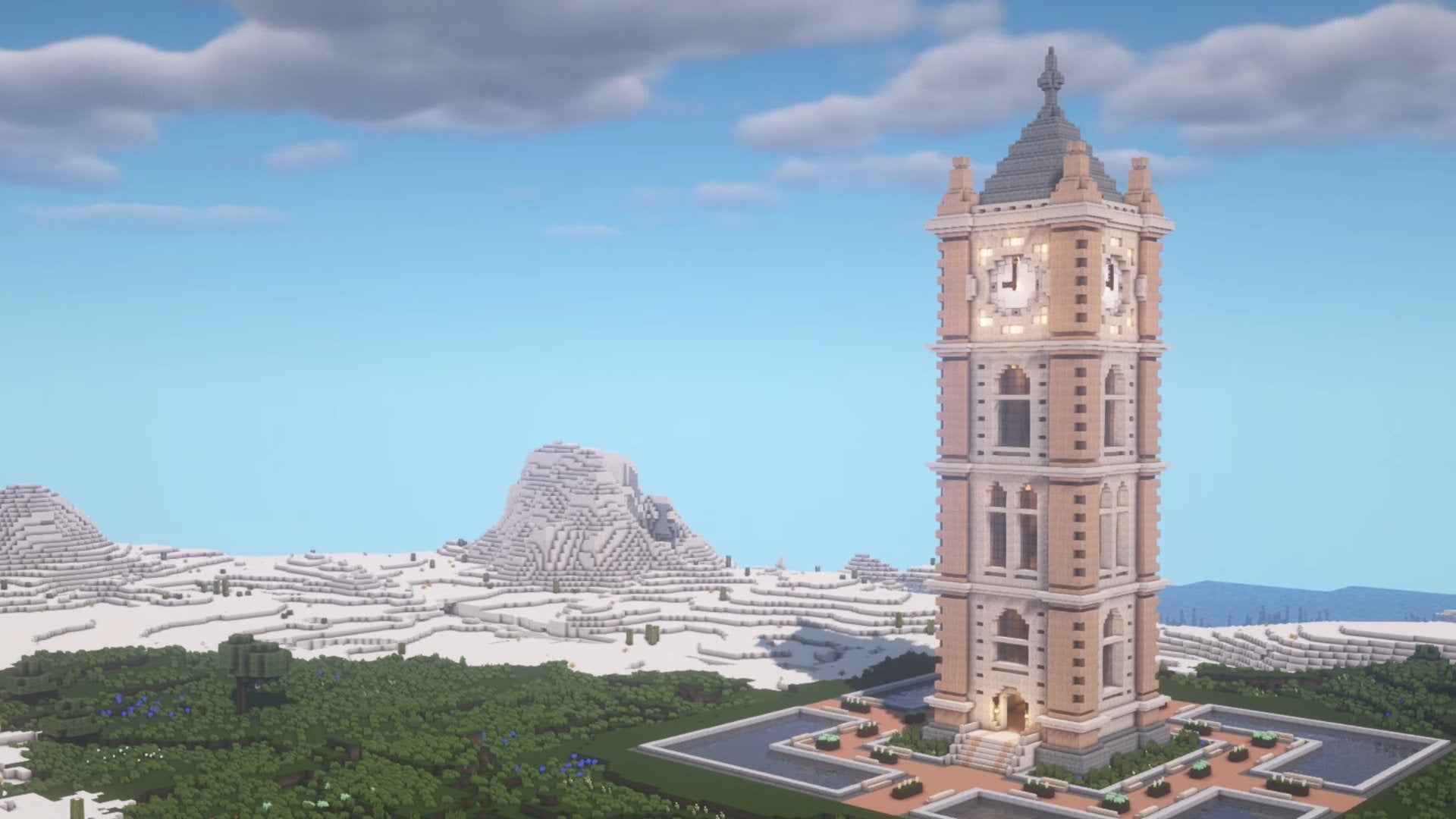 A screenshot of a Minecraft clock tower build.