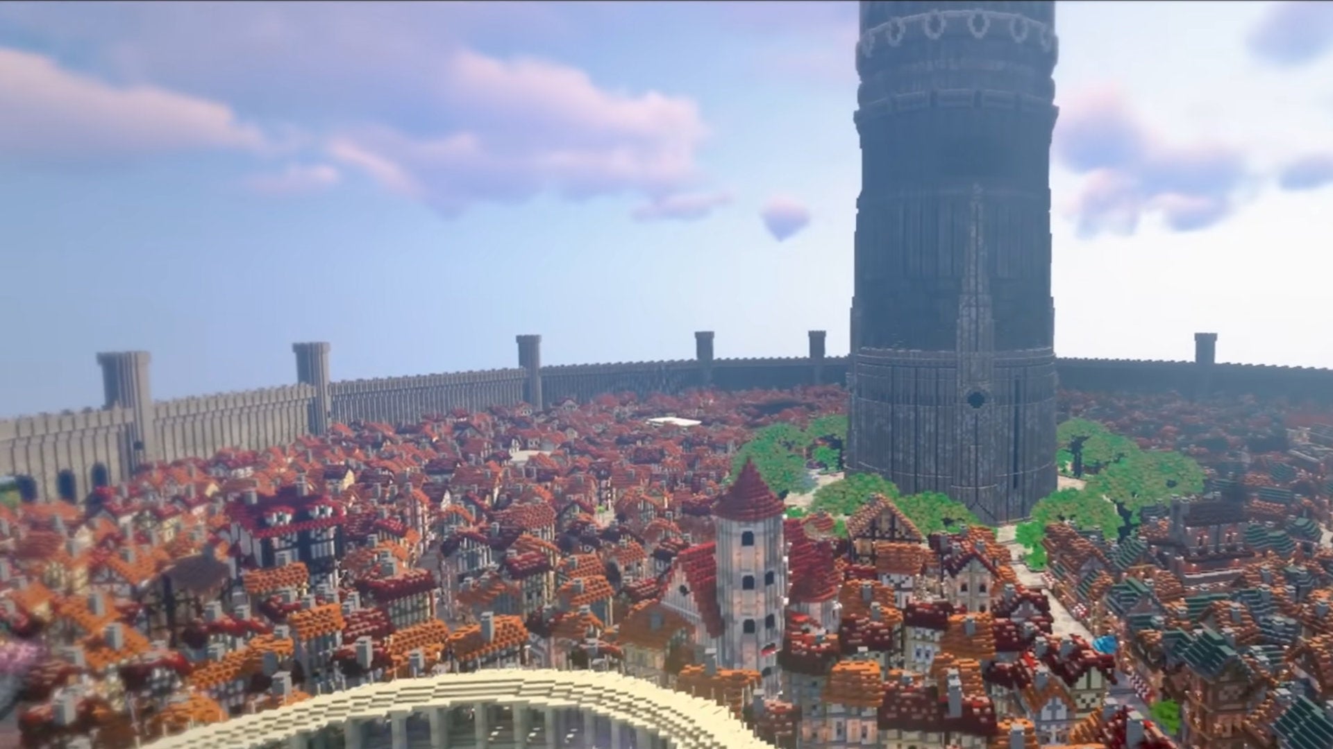 A screenshot of a Minecraft fantasy town build.