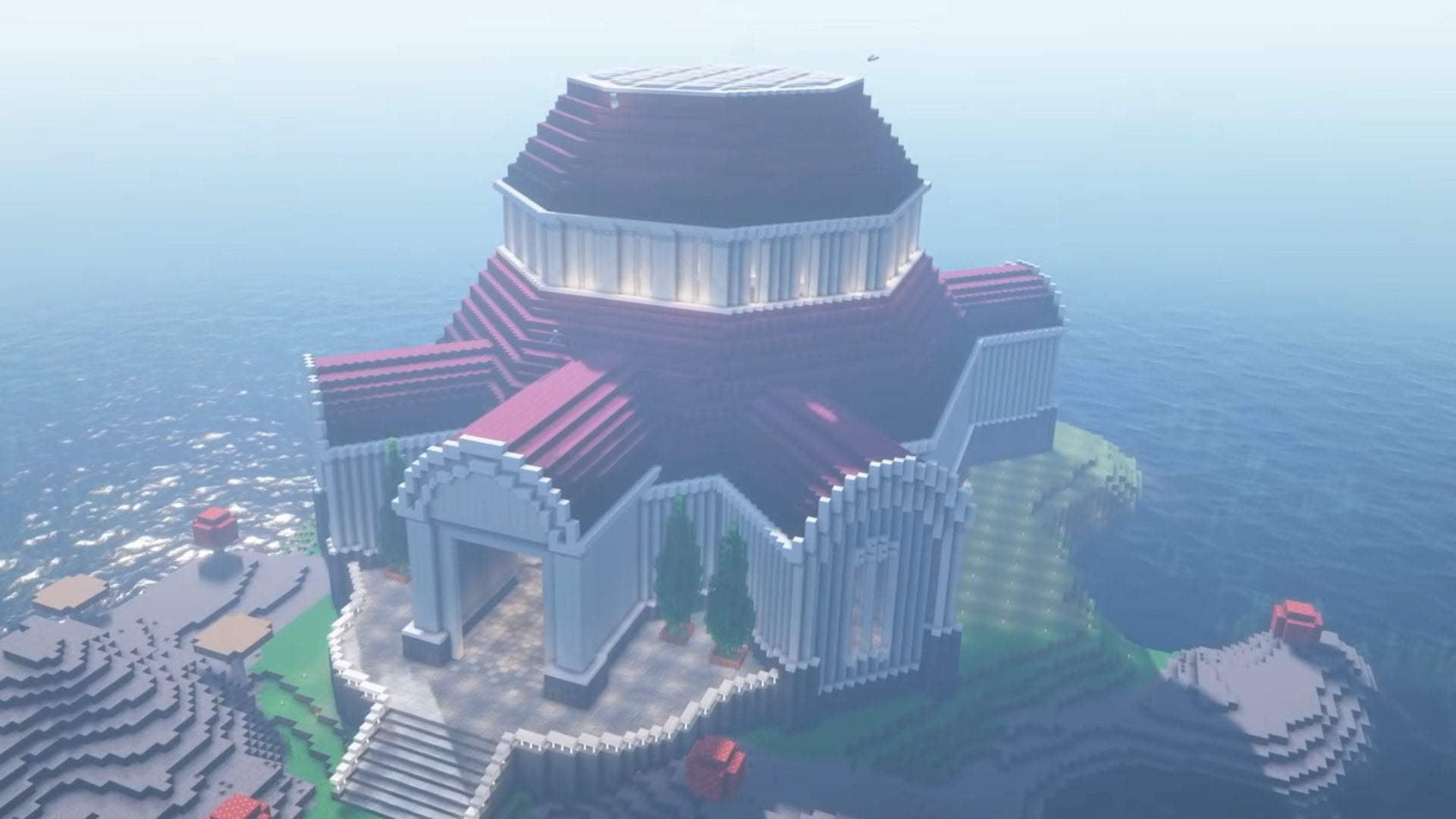 A screenshot of a Minecraft clock tower build.