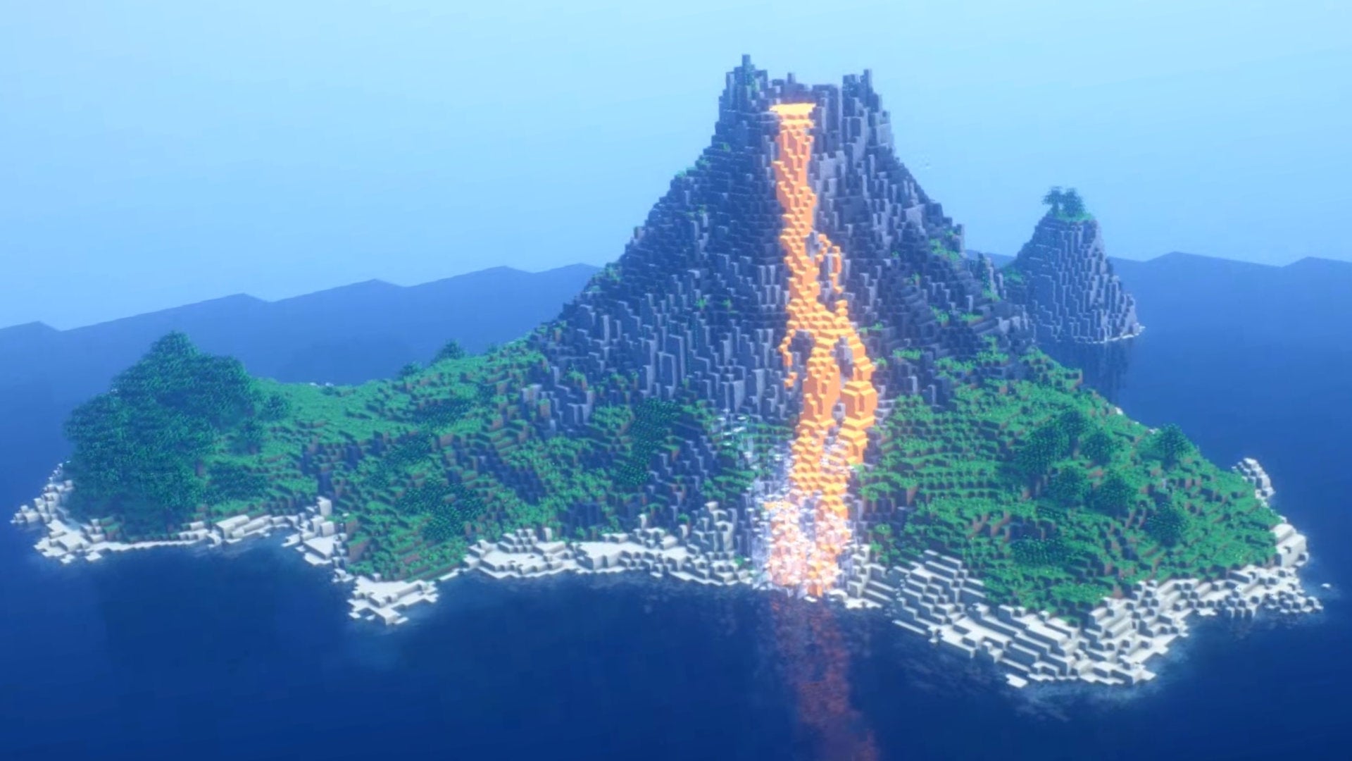A screenshot of a Minecraft volcano build.