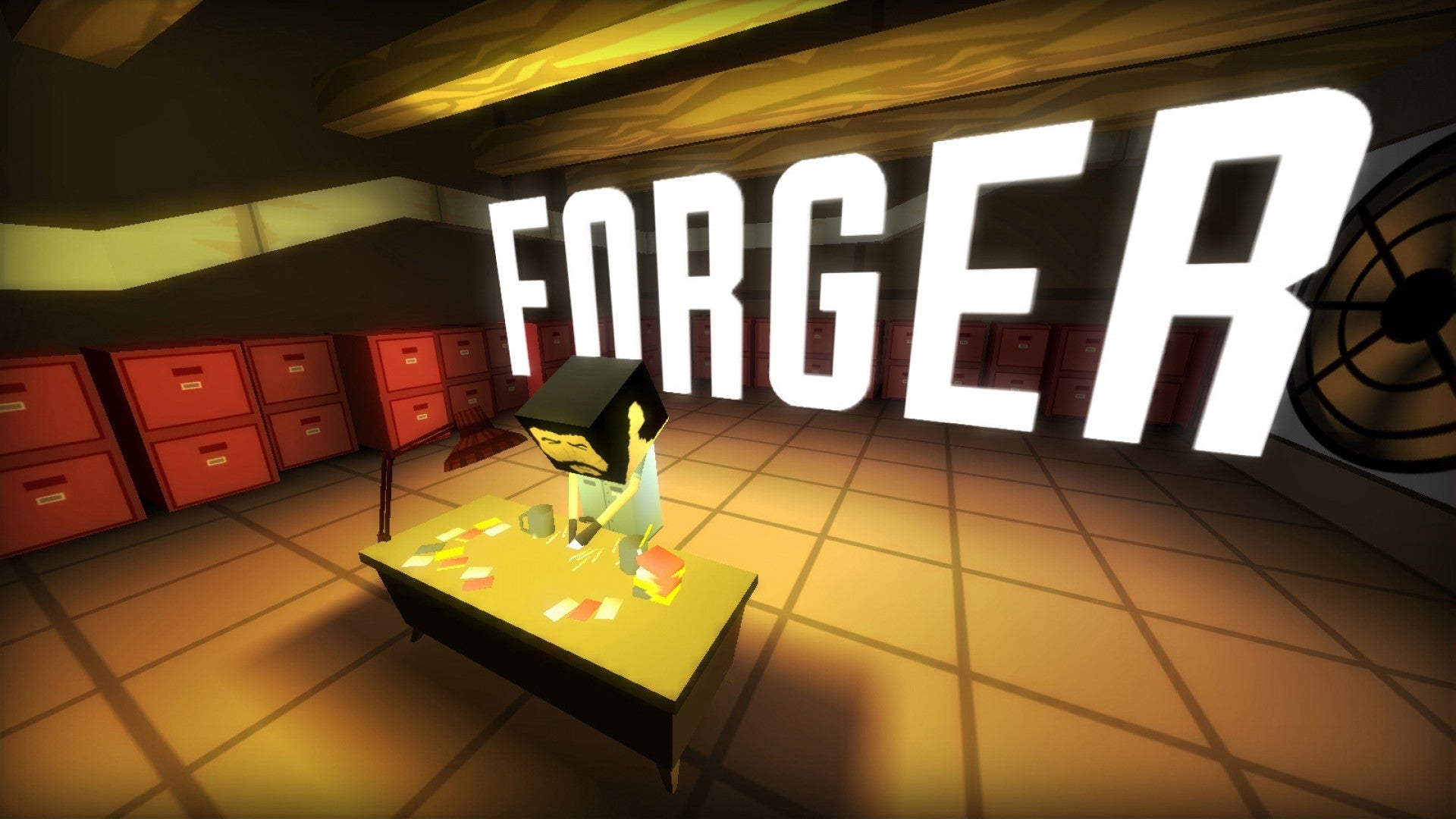 A screenshot of Thirty Flights Of Loving showing a bearded, blocheaded man at a table with the word FORGER written behind him in giant block capitals.
