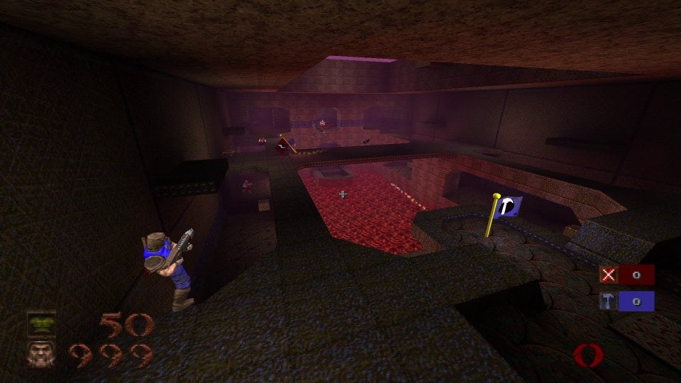 A screenshot of Threewave CTF in Quake Enhanced Edition showing a map with a flag on a platform above lava.