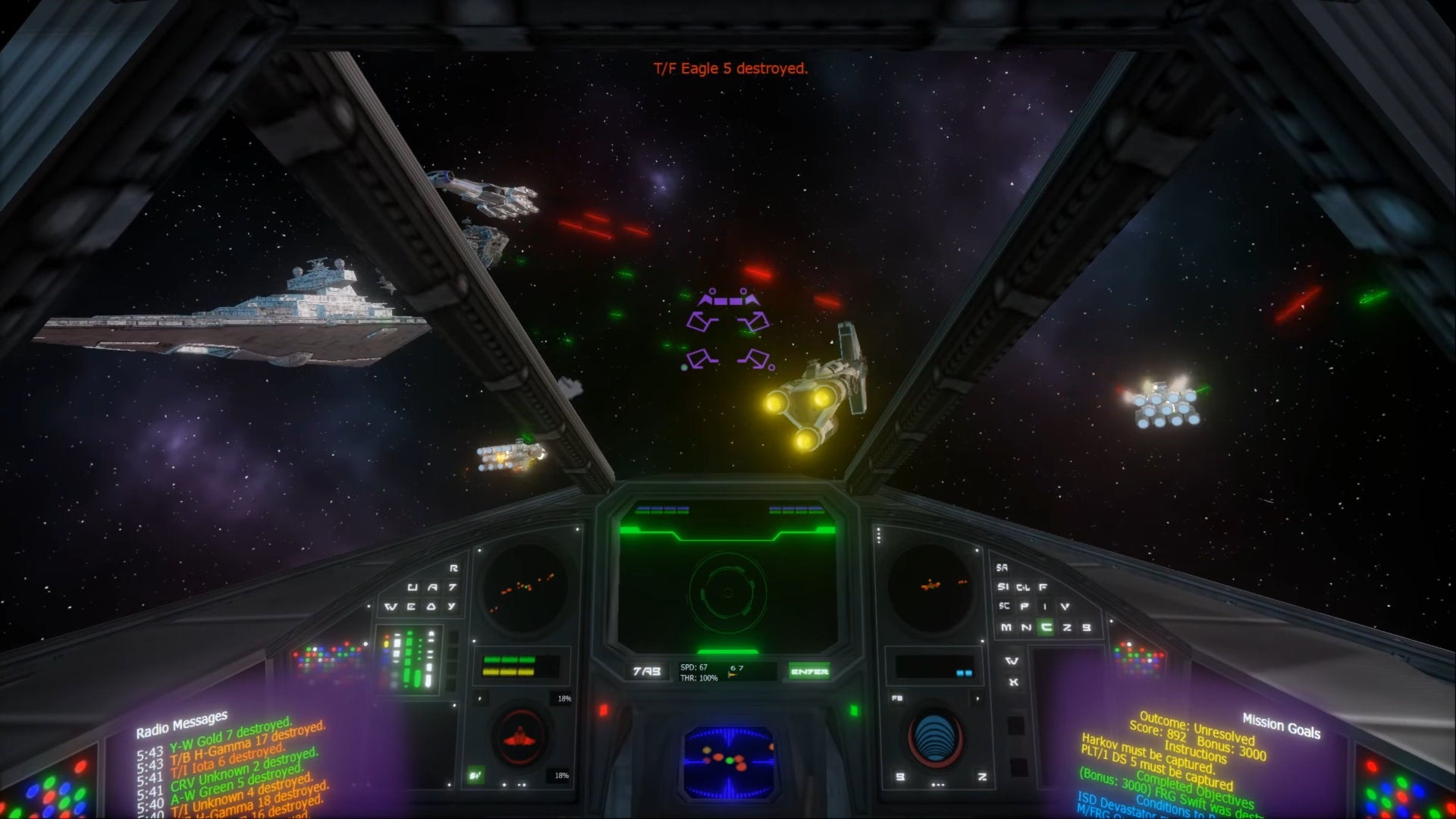 A screenshot of a space ship cockpit looking out a Star Wars Star Destroyer and other space ships in TIE Fighter: Total Conversion