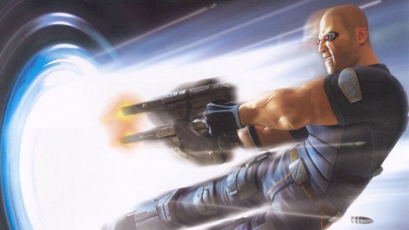Cortez from TimeSplitters shooting dramatically into a portal.