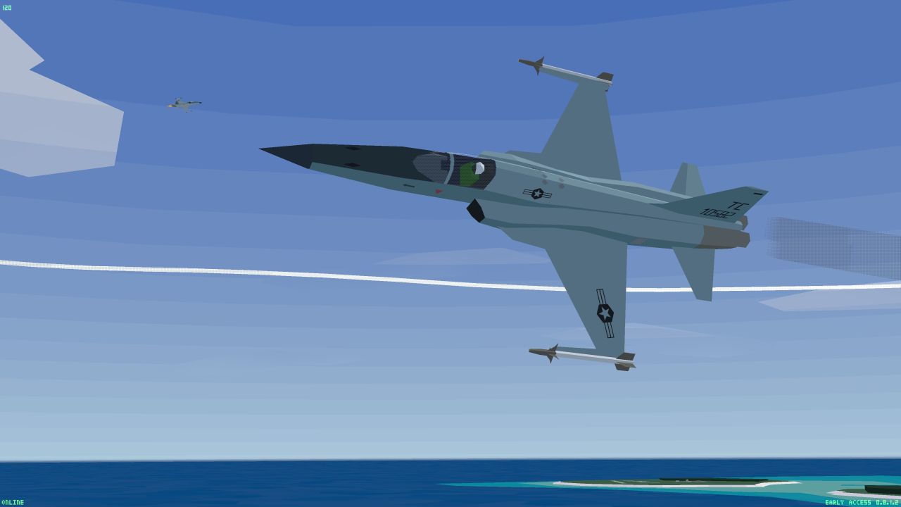 A harrier jump jet flying across the sky in Tiny Combat Arena