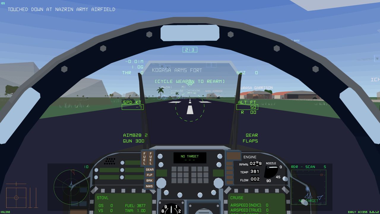 The view from the cockpit of a Harrier jump jet in Tiny Combat Arena