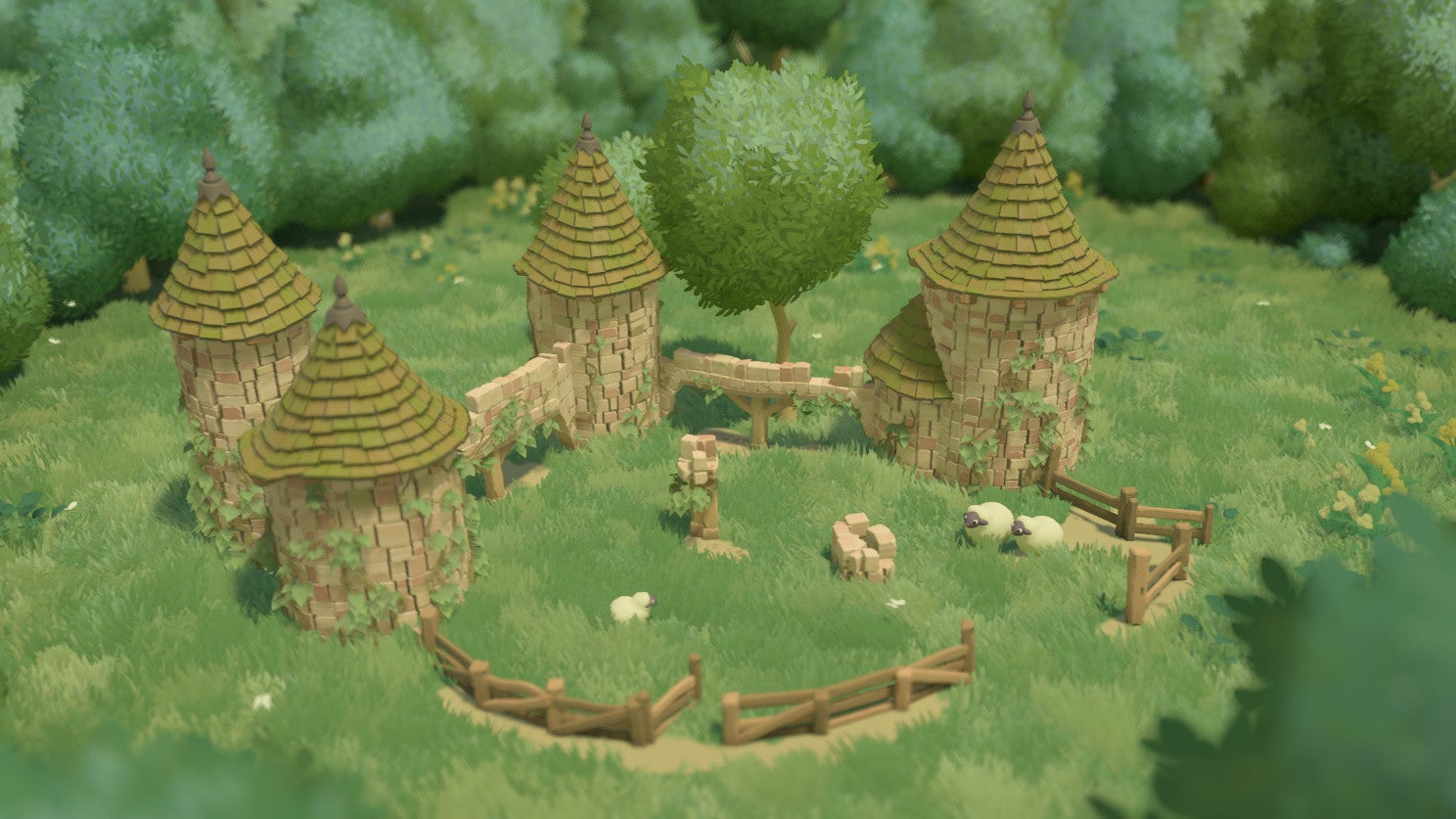 A cute village diorama in a Tiny Glade screenshot.