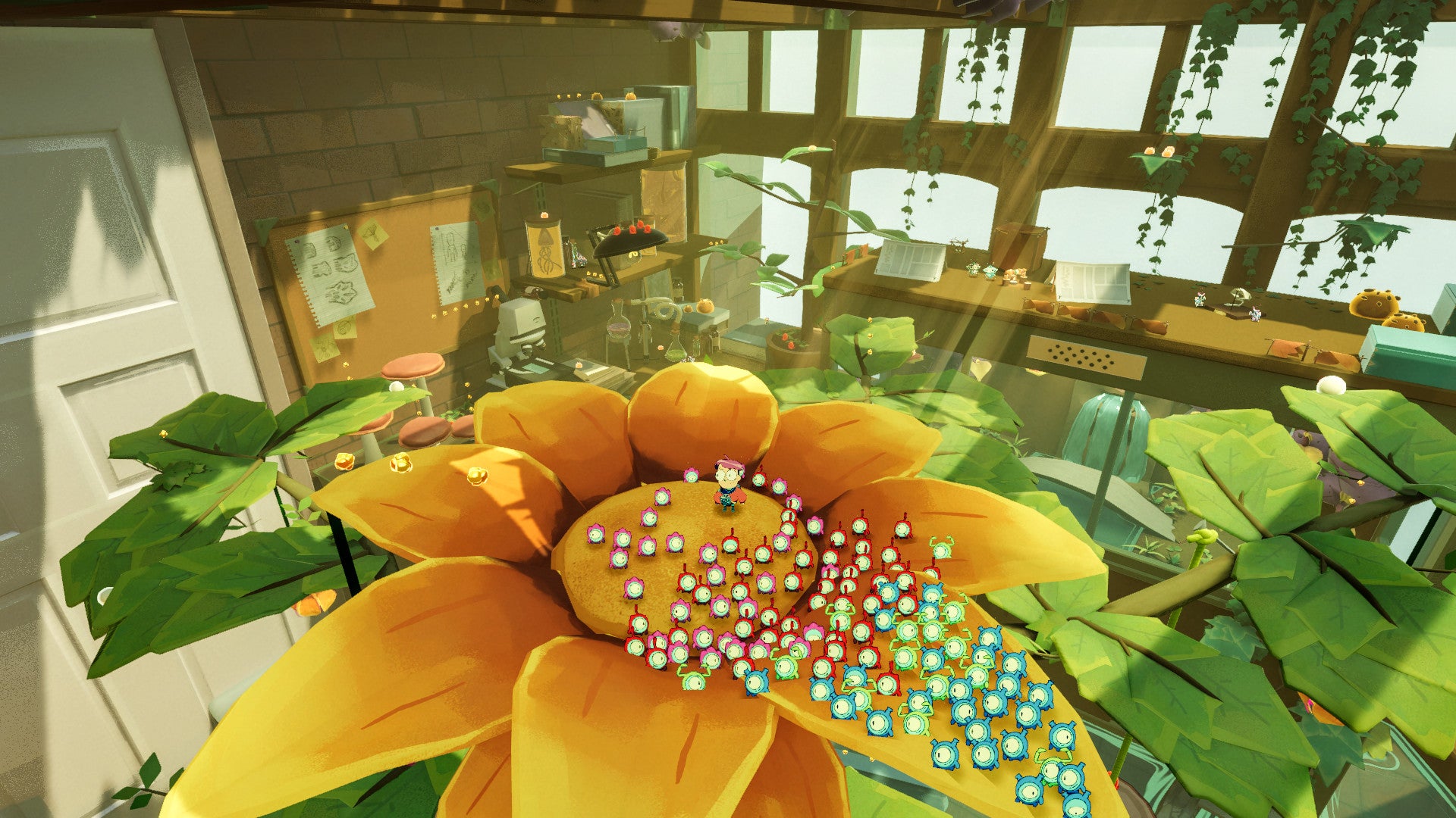 A 2D swarm of one-eyed creatures surround a 2D boy standing on a 3D flower in a from-their-perspective vast lab room in Tinykin.