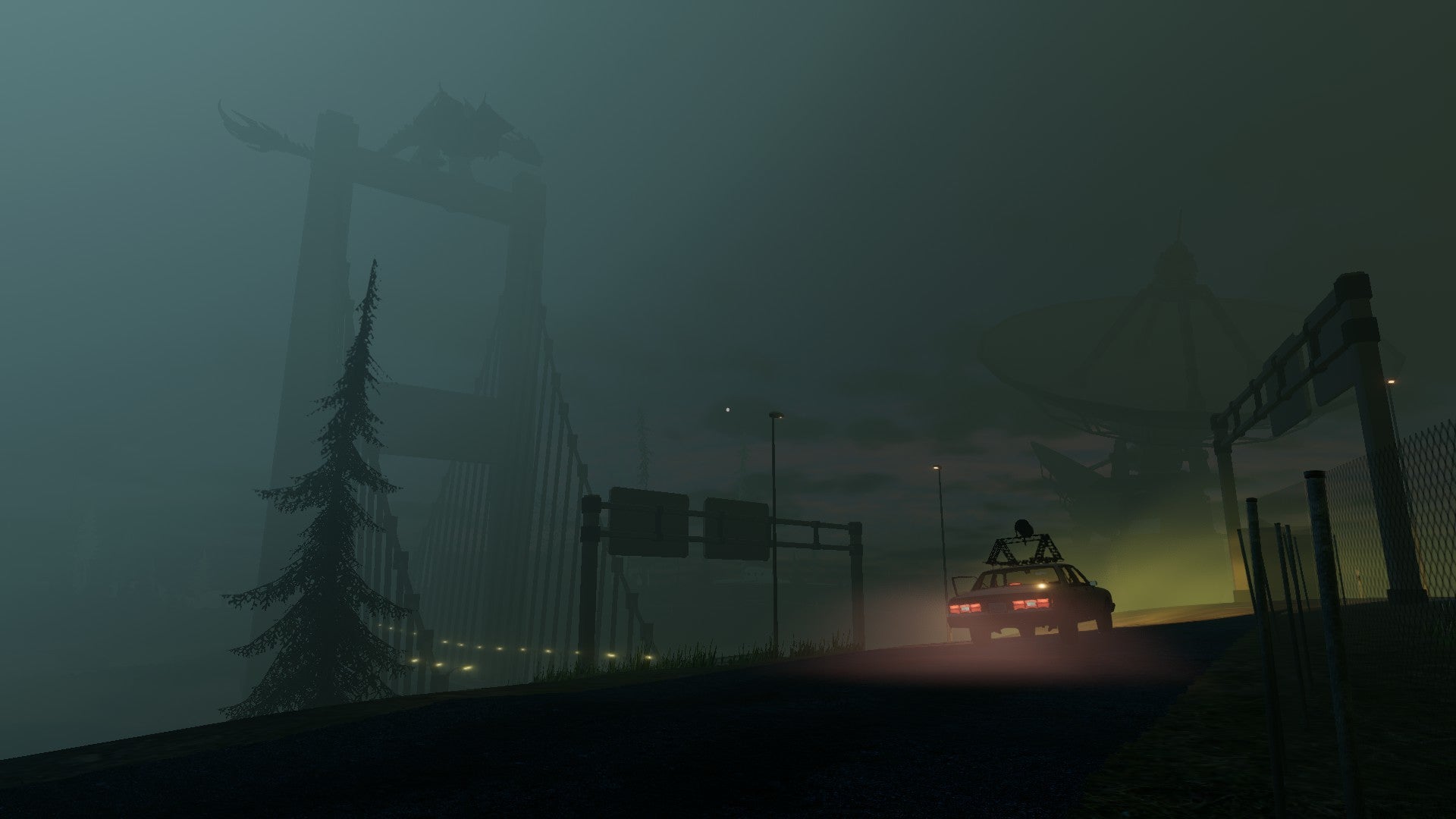 A car approaches a suspension bridge where a dragon sits atop in a Titan Chaser screenshot.