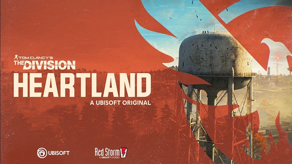 An image for Tom Clancy's The Division: Heartland showing a logo on red and in the background a landscape with a water tower and a lot of trees.