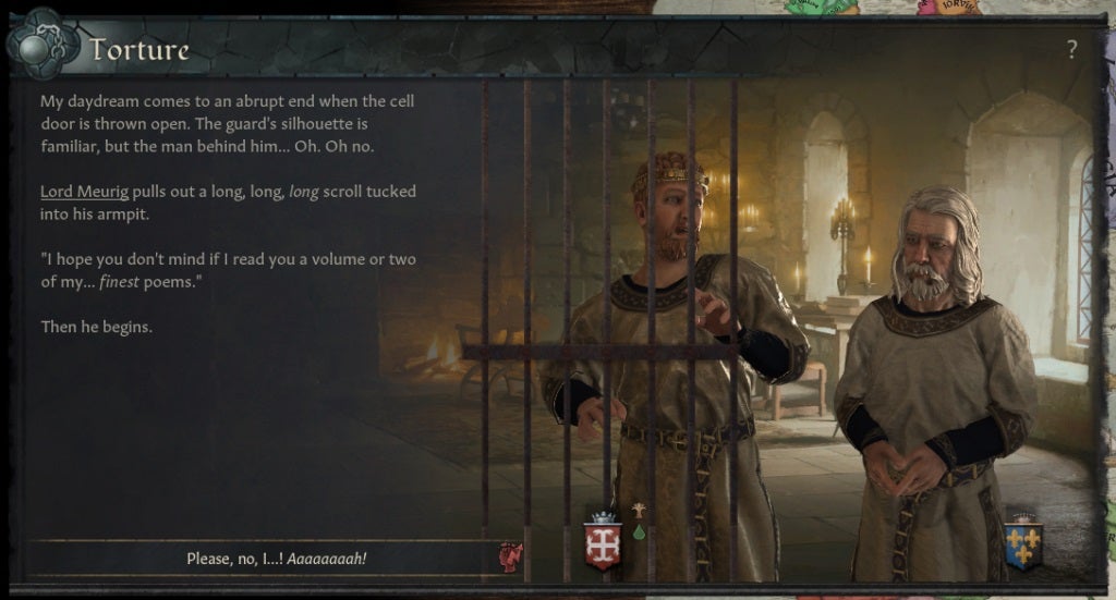 A man telling some horrible poetry to a poor prisoner in Crusader Kings 3. The prisoner looks very distressed. The poet seems unconcerned.